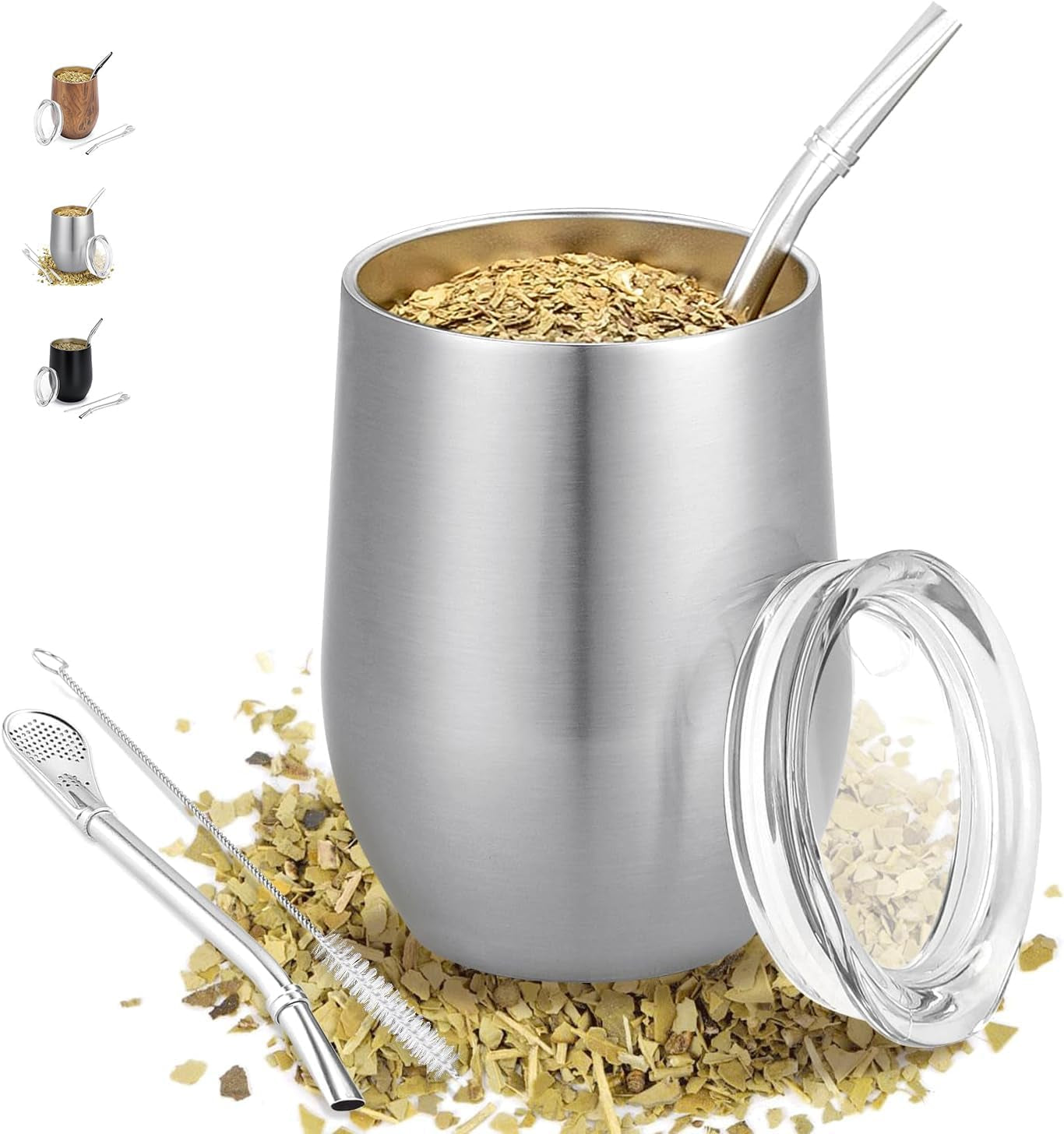 Moderne Mate-krus 340 ml, isoleret Yerba Mate-krussæt med dobbeltvæg i rustfrit stål, Mate-tekrus med BPA-frit låg, Bombillas og en rensebørste (sølv)