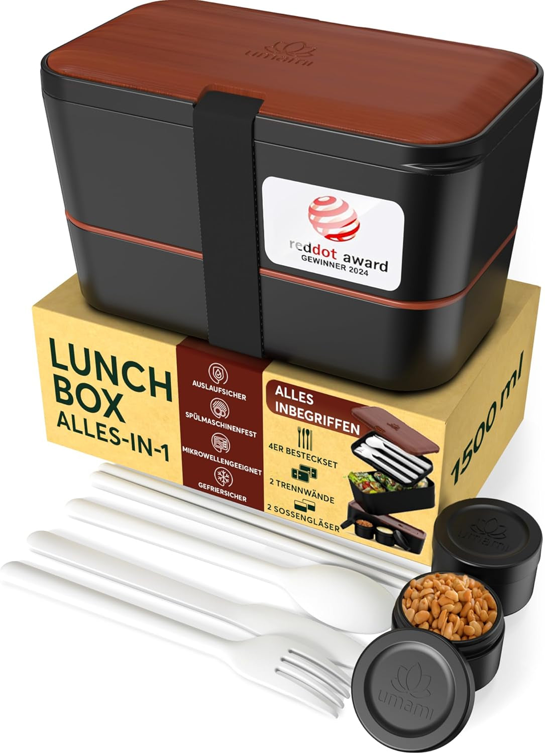Umami madkasse til voksne, stabelbar Bento-kasse med 4 bestik og rum, madpakke til voksne, to-go salatbeholder, Picnic/kontor madkasse, koksgrå, 1500 ml madopbevaringskasser Naty Shop Sapele Sort L - 1500 ml kan stables inde i hinanden