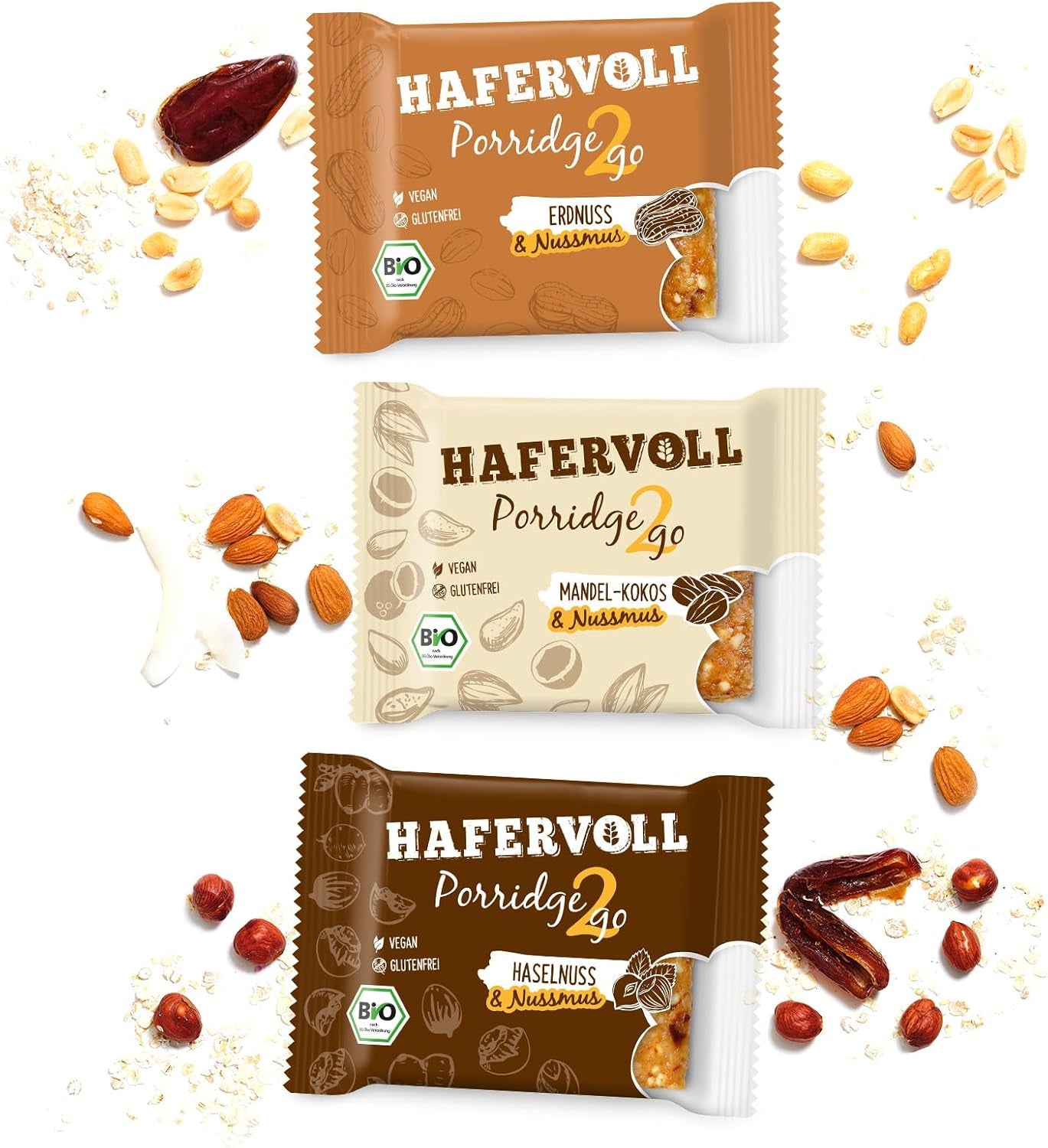 Hafervoll Porridge2go jordnøddesmør og nødder, 13 barer x 55 g - vegansk, økologisk, glutenfri, uden tilsat sukker snack, med havre, dadler og quinoaslik