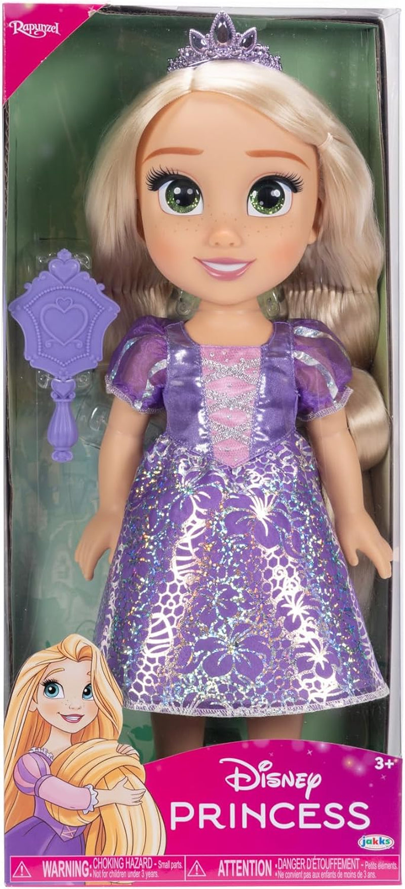 Disney Princess Rapunzel 35 cm dukke, reflekterende glitterøjne, bevægelige led, aftagelig kjole, sko, krone, langt blondt hår, til piger på 3+
