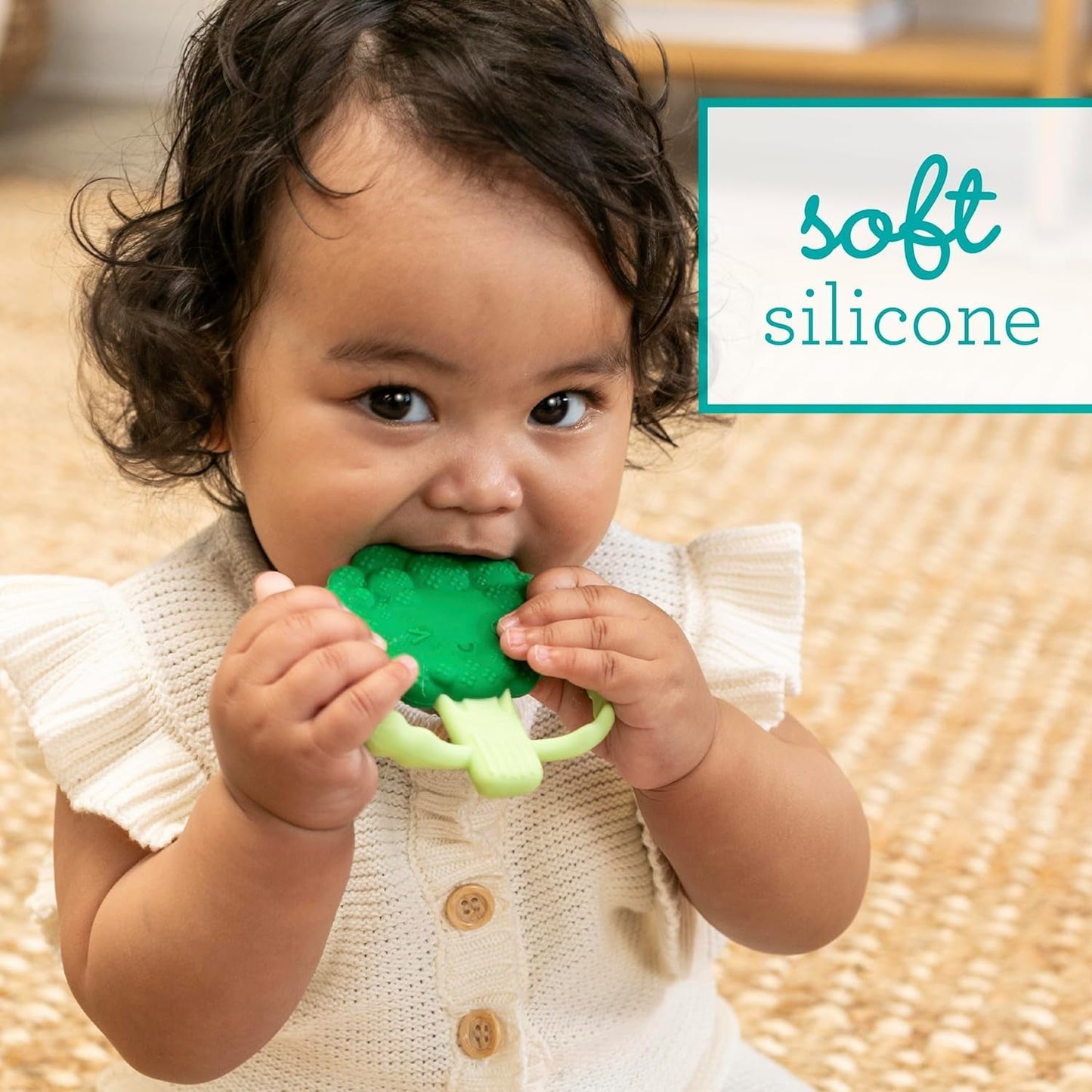 Infantino Lil' Nibbles, tekstureret silikonebider, BPA-fri babybitring, blødt, let at holde, sansestimulering til spædbørn, broccoli