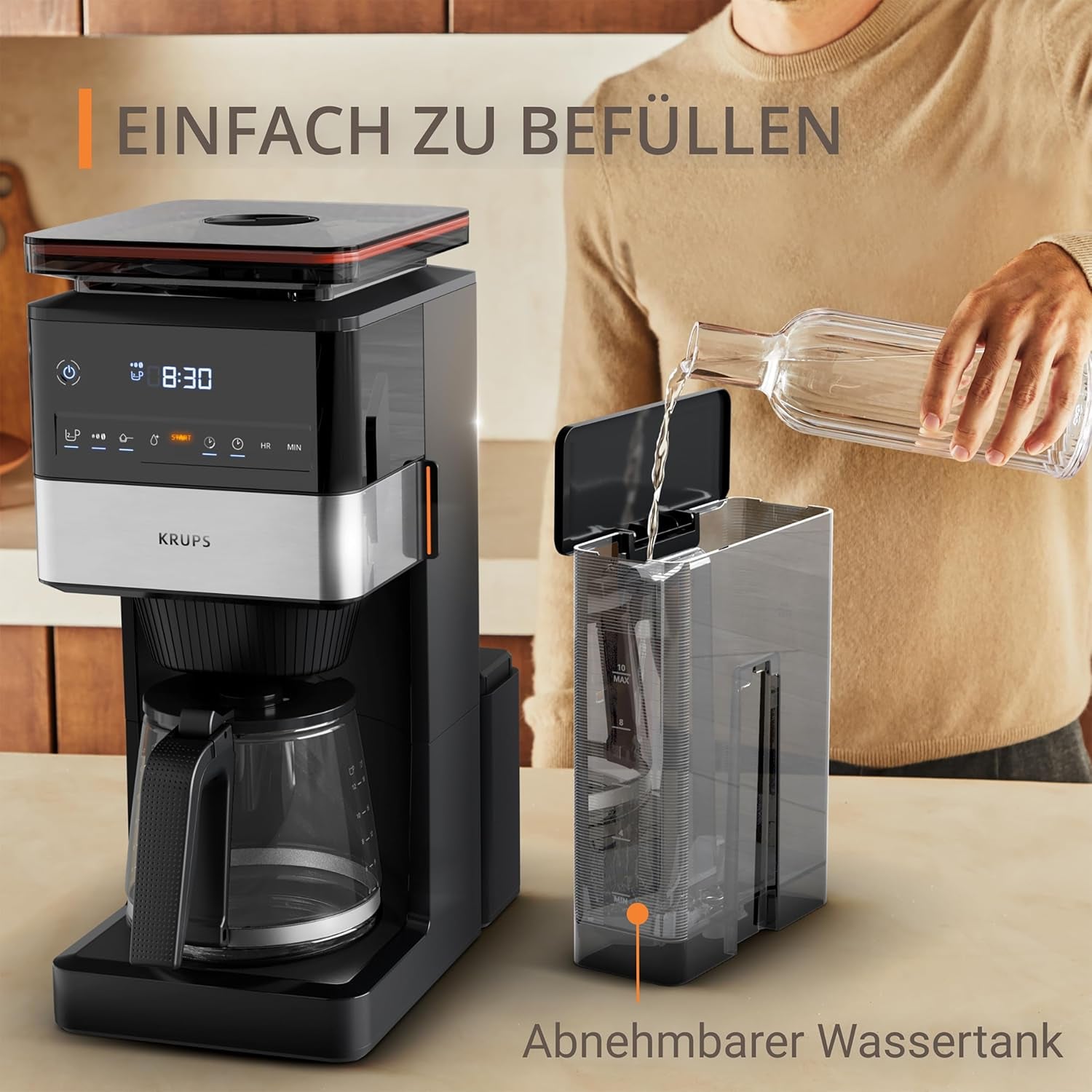 KRUPS Grind Aroma XL Espressomaskine, Aftagelig konisk kværn, Digital Kontrolpanel, XL Kapacitet (1,5 L), Hold varm funktion, Glaskaraffel, Sort/rustfrit stål, KM842810