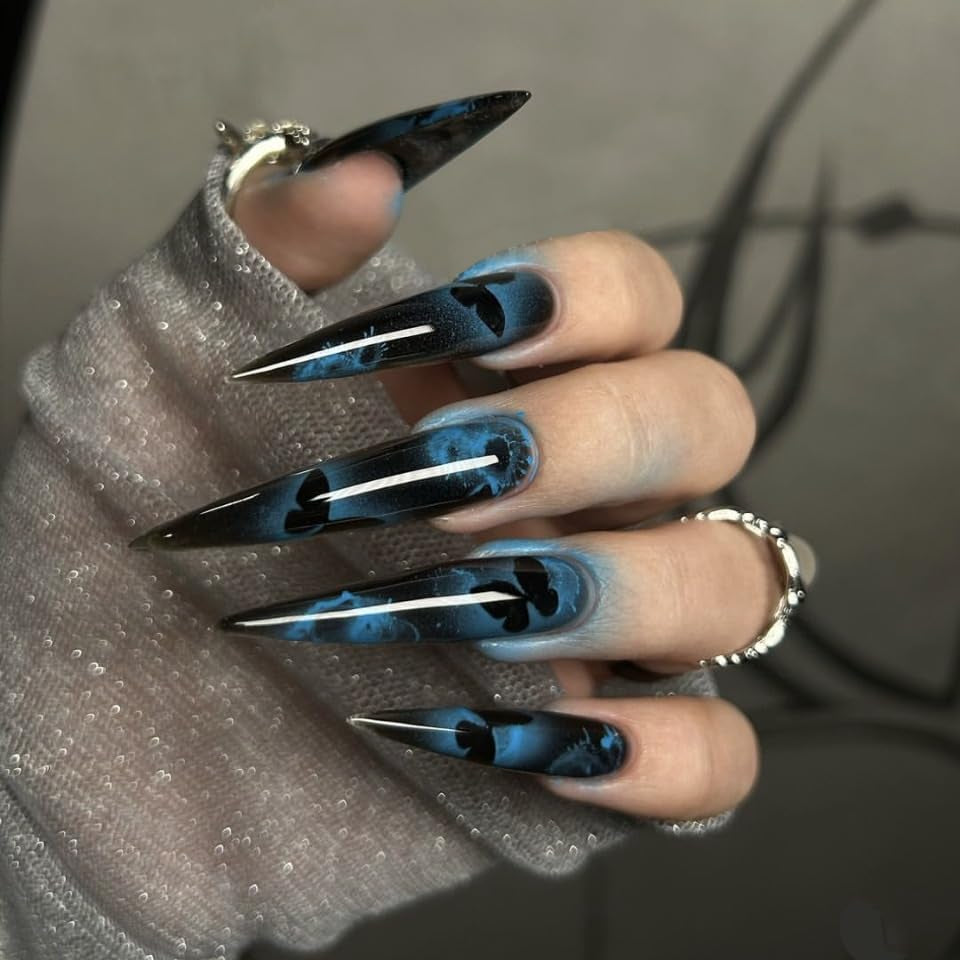 Moonglow Lange Negle Stiletto Mælkehvid Pink Gradient Glitter Cool falske negle med lim Pink Ombre Glitter Kunstige negle