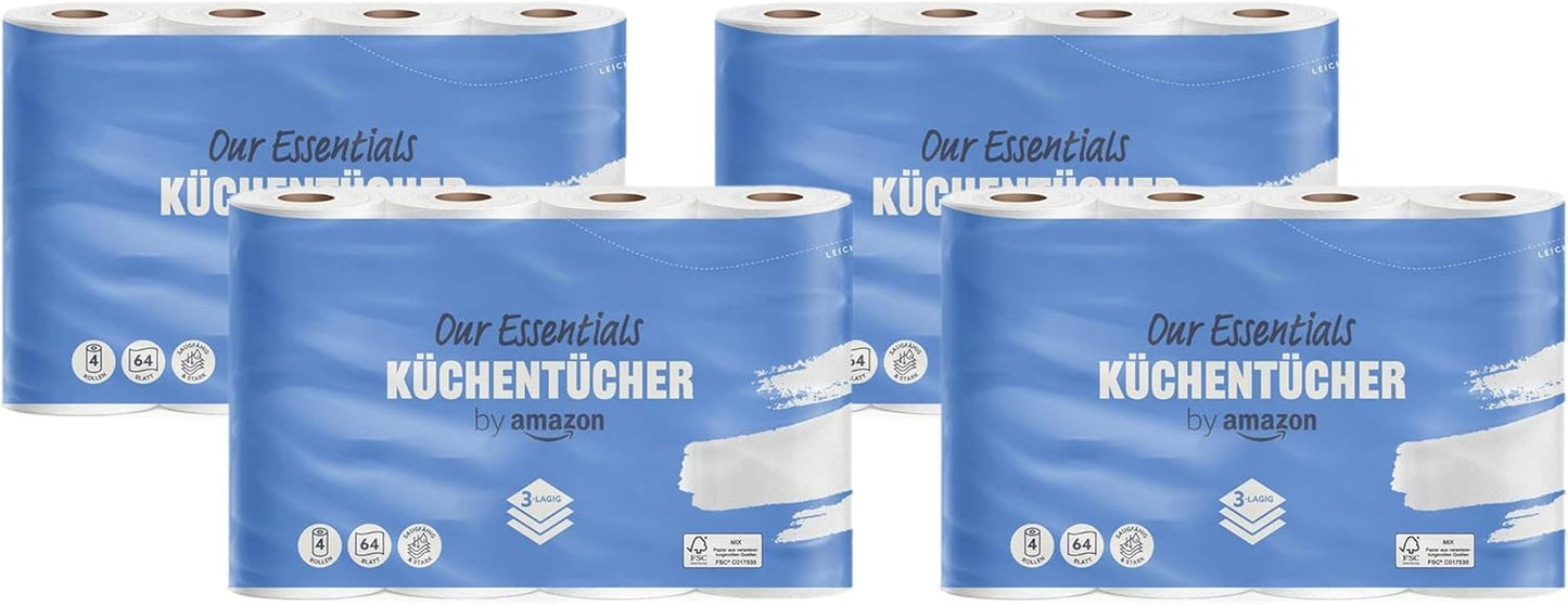 Af Amazon køkkenrulle, 3-lags, 16 ruller (4 ruller, pakke med 4), 64 ark pr. rulle, Fsc-certificeret