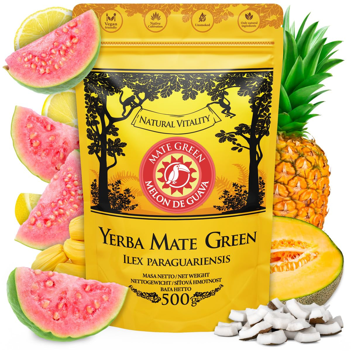 Yerba Melon De Guava 500G - Brasiliansk Yerba Mate te med melon, guava, jackfrugt, ananas og kokosnød - eksotisk og frugtig - lufttørret, vegansk