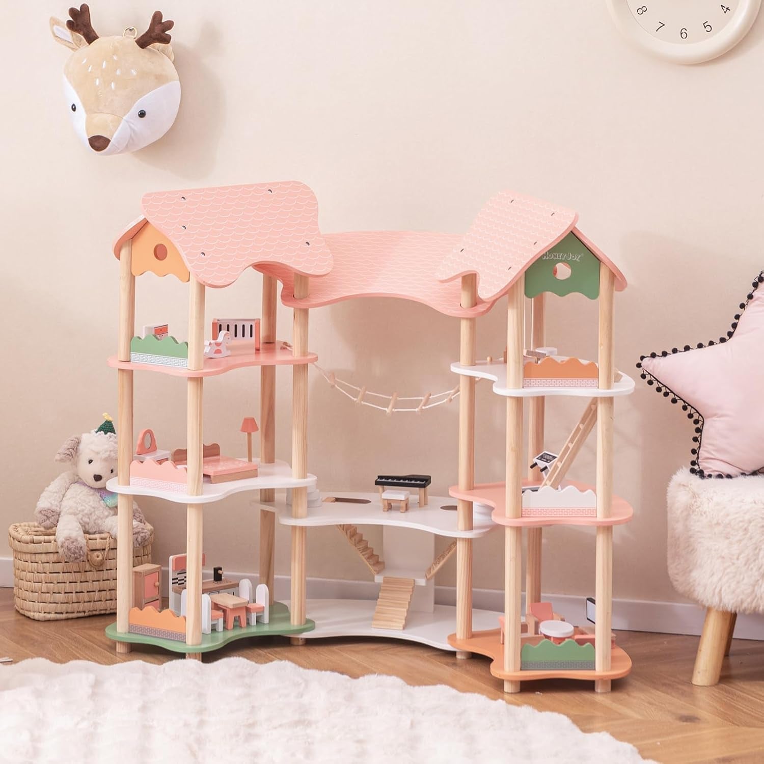 FANTASK trædukkehus, 85 cm højde 7 værelses dukkehus med 32 møbler og tilbehør, dukkehus med rebstige, dukkehusgave til 3-årige piger (model 3) Naty Shop dukkehuse
