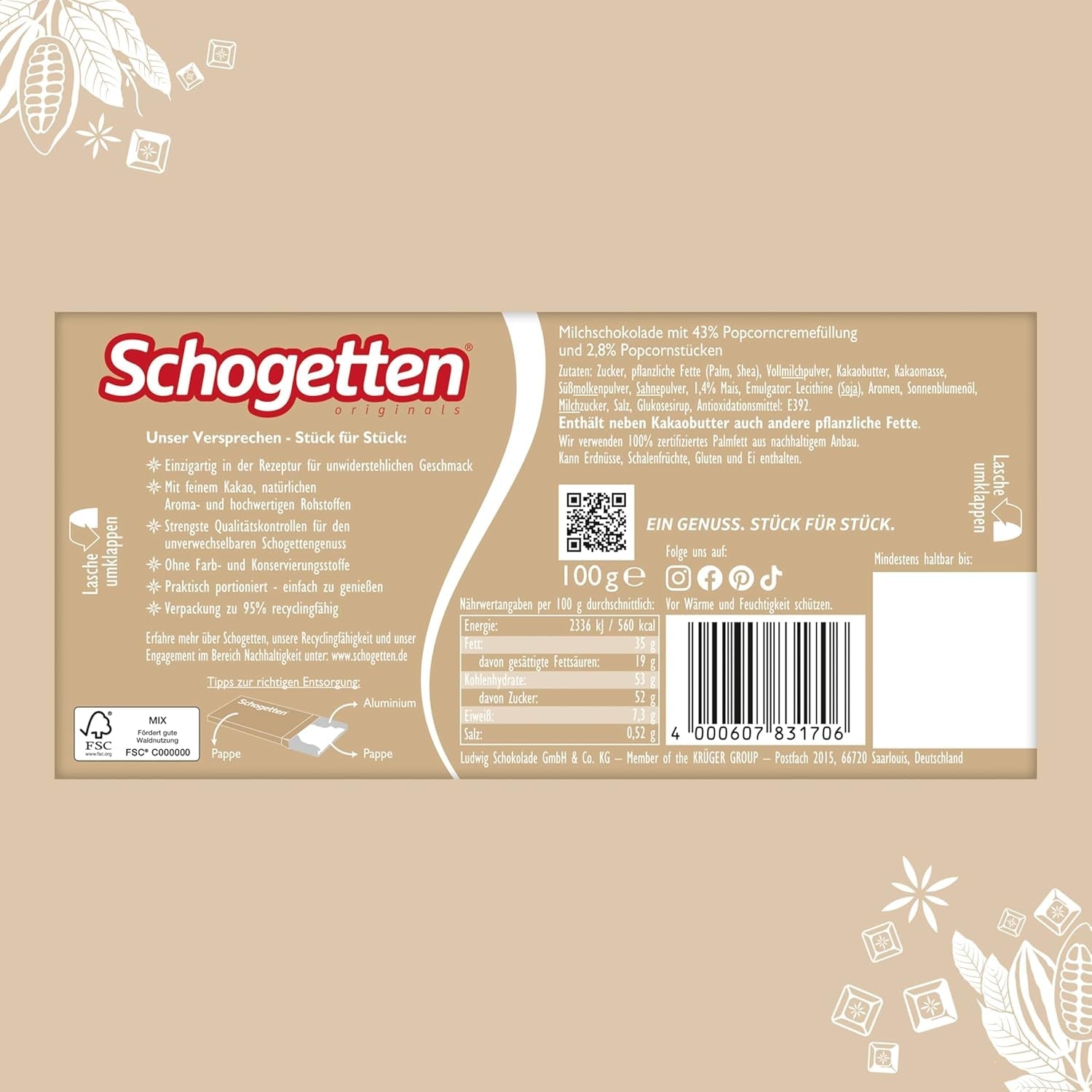 Schogetten popcorn 1 chokoladebar x 100g, mælkechokolade med popcorn og majsstykker, praktiske enkeltstykker. En delikatesse. Stykke for stykke.