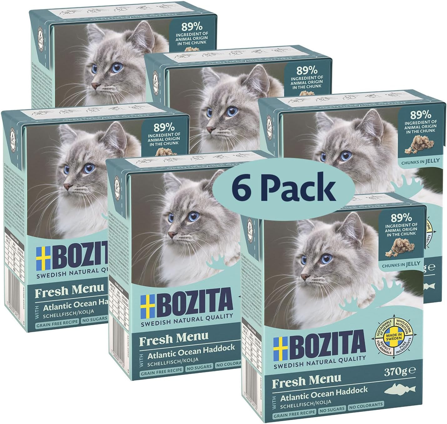 Bozita Tetra vådfoder med kuller i gelé - 6 x 370 g kornfri, uden tilsat sukker og ikke-GMO kattefoder - afbalanceret, lækker, med 7,5% protein og 5% fedt