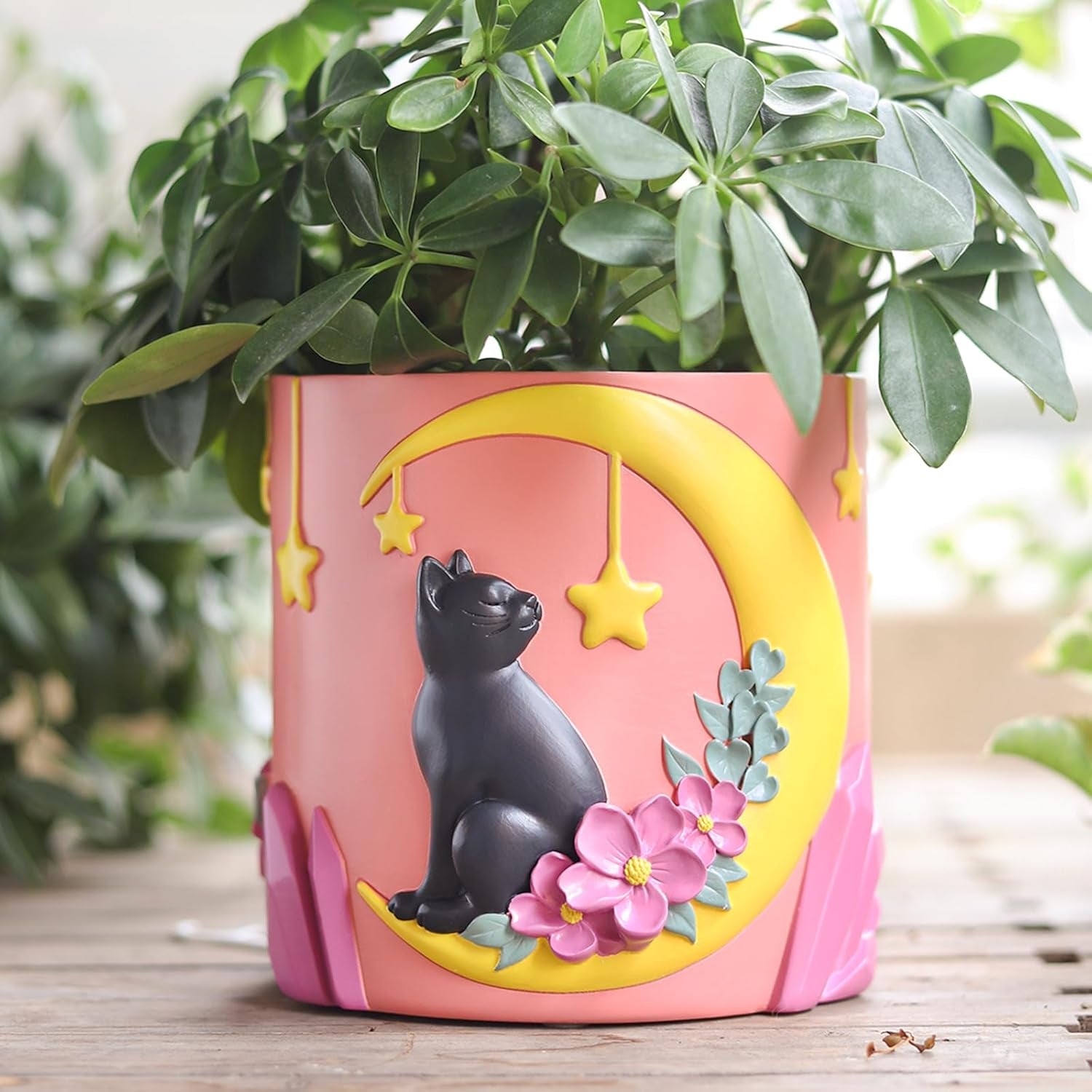 GUGUGO Cute Moon Cat urtepotter, unik blomsterpotte med dræning, regnbuefarver, små potteplanter, sjove sukkulente havepotter, gave, boligdekoration (C)