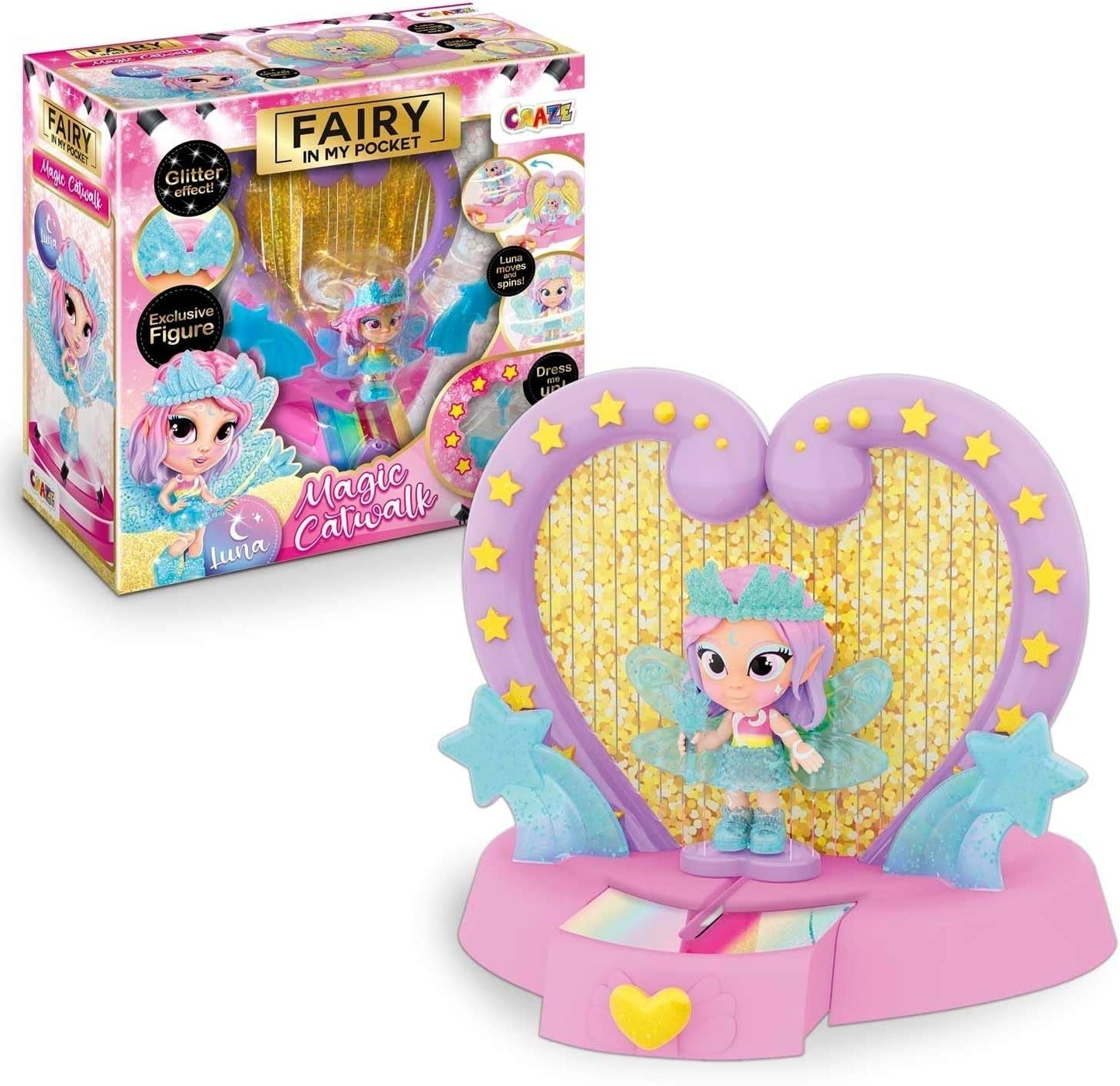 CRAZE Fairy in My Pocket | Eventyrdukke med vinger, samlerobjekt eventyrlegetøj med specielle effekter såsom glitter, glød i mørket og farveskift Dolls Naty Shop Fairy Magic Catwalk legesæt
