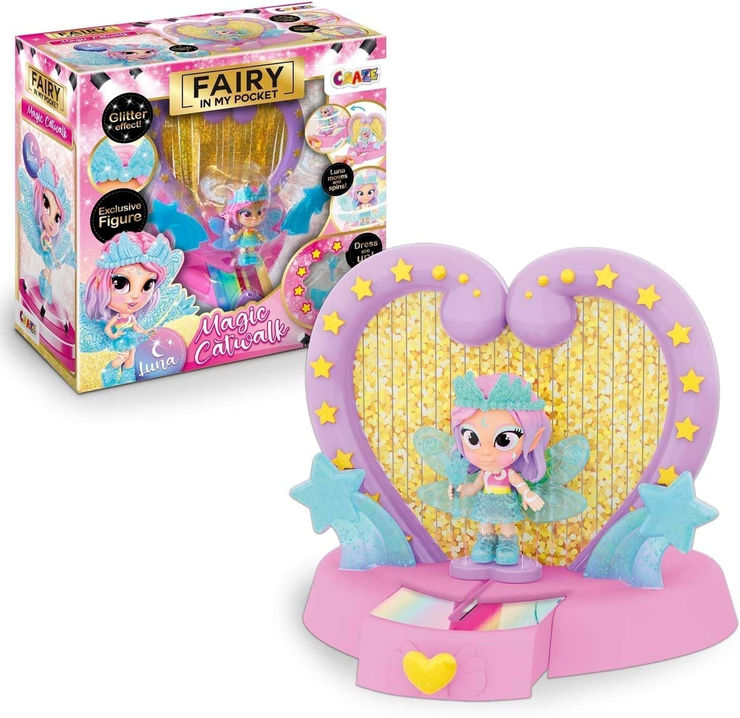 CRAZE Fairy in My Pocket | Eventyrdukke med vinger, samlerobjekt eventyrlegetøj med specielle effekter såsom glitter, glød i mørket og farveskift Dolls Naty Shop Fairy Magic Catwalk legesæt