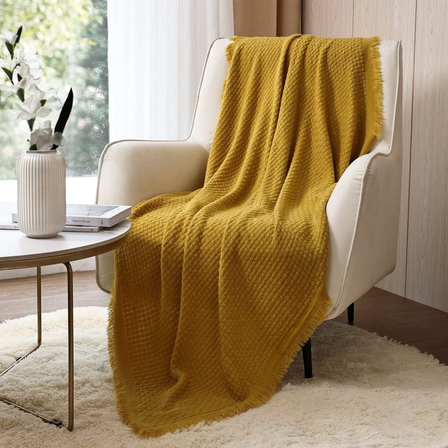 CREVENT Ruststrikket tæppe til Sofa Sofa Stol Seng Boligindretning Blød Varm Hyggelig Let Forår Sommer Efterår (127,8 X 152,4 cm Karamel / Brun / Brændt orange) CREVENT Senge og tæpper Gul