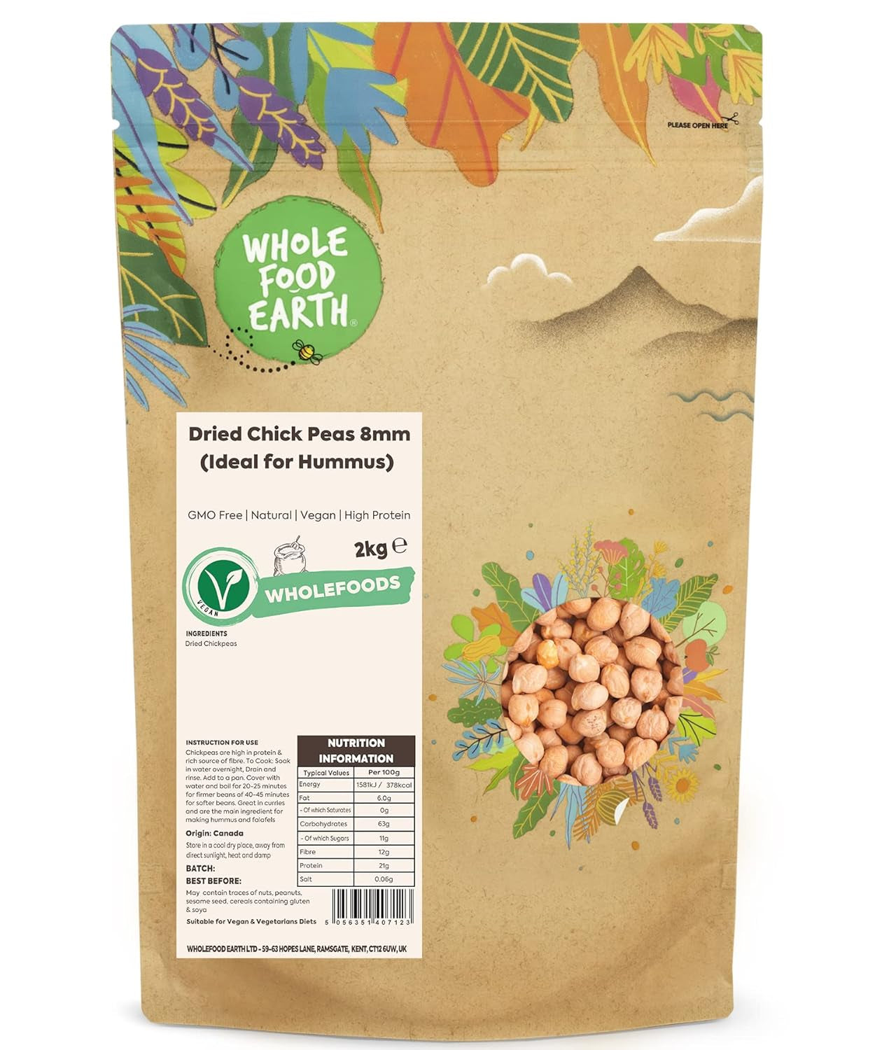 Wholefood jordkikærter, 8 mm (ideel til hummus), ikke-GMO, naturlig, vegansk, mælkefri, uden tilsat sukker, 2 kg