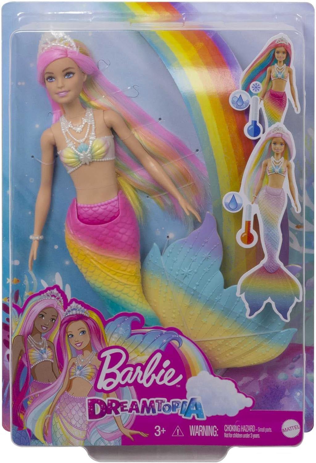 Barbie Dreamtopia Rainbow Magic Mermaid, Barbie Havfrue med regnbuehår, vandaktiveret farveskiftende dukke, 3 år gammelt legetøj, pigegave, GTF89 Naty Shop Dolls