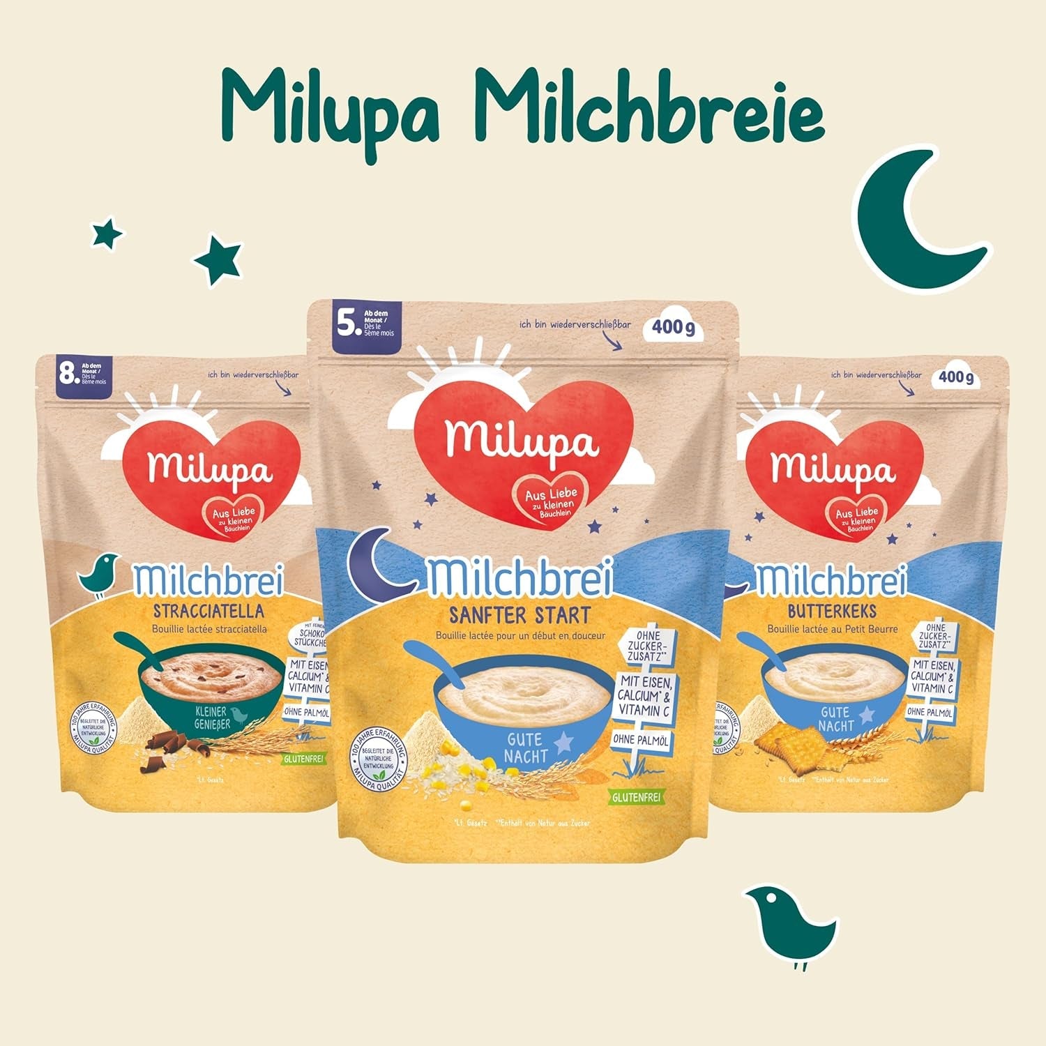 Mælkegrød Milupa Gentle Start - Kornprodukter til babyer uden gluten, uden palmeolie - Uden konserveringsmidler og farvestoffer - Fra 5 måneder - 4 x 400 g