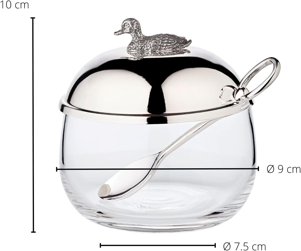 EDZARD andesyltetøjsglas (Ø 10 cm) lavet af sølv og glas - Æske og ske - Skål, sukkerbeholder, ost - Syltetøjsglas med låg, opbevaring med låg, gaveæske med lås