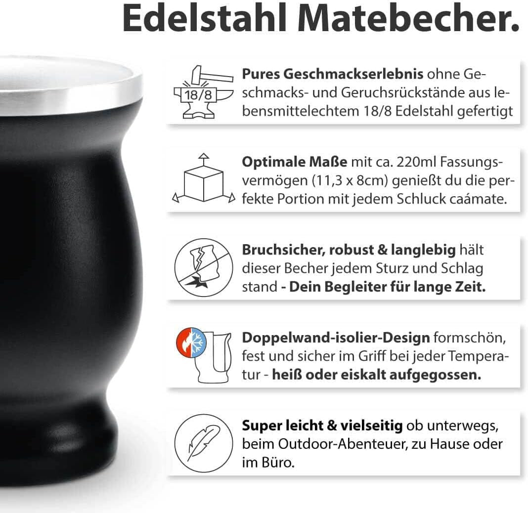 Mate Bio Tesæt ● 3 samlinger af Mate + 2 dobbeltvæggede rustfri stålkopper + 2 bombillaer + tilberedningsinstruktioner (sort)