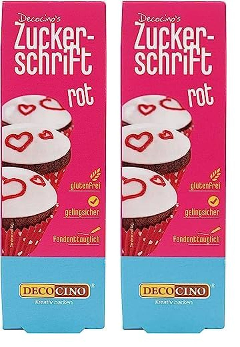 Decocino Red Sugar Lettering - Madfarvebogstaver - Praktisk rør til mærkning af fondant og glasur - Bagepynt til kager, kager og cupcakes! (Pakke med 2)