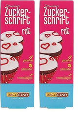 Decocino Red Sugar Lettering - Madfarvebogstaver - Praktisk rør til mærkning af fondant og glasur - Bagepynt til kager, kager og cupcakes! (Pakke med 2)