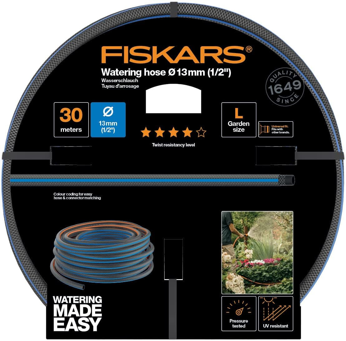 Fiskars L vandslange, UV-beskyttelse, tryktestet, vridningsstivhedsniveau 4 (ud af 5), 30 m, Ø 1,3 cm (1/2"), 4,2 kg, sort/orange/blå, 1027105