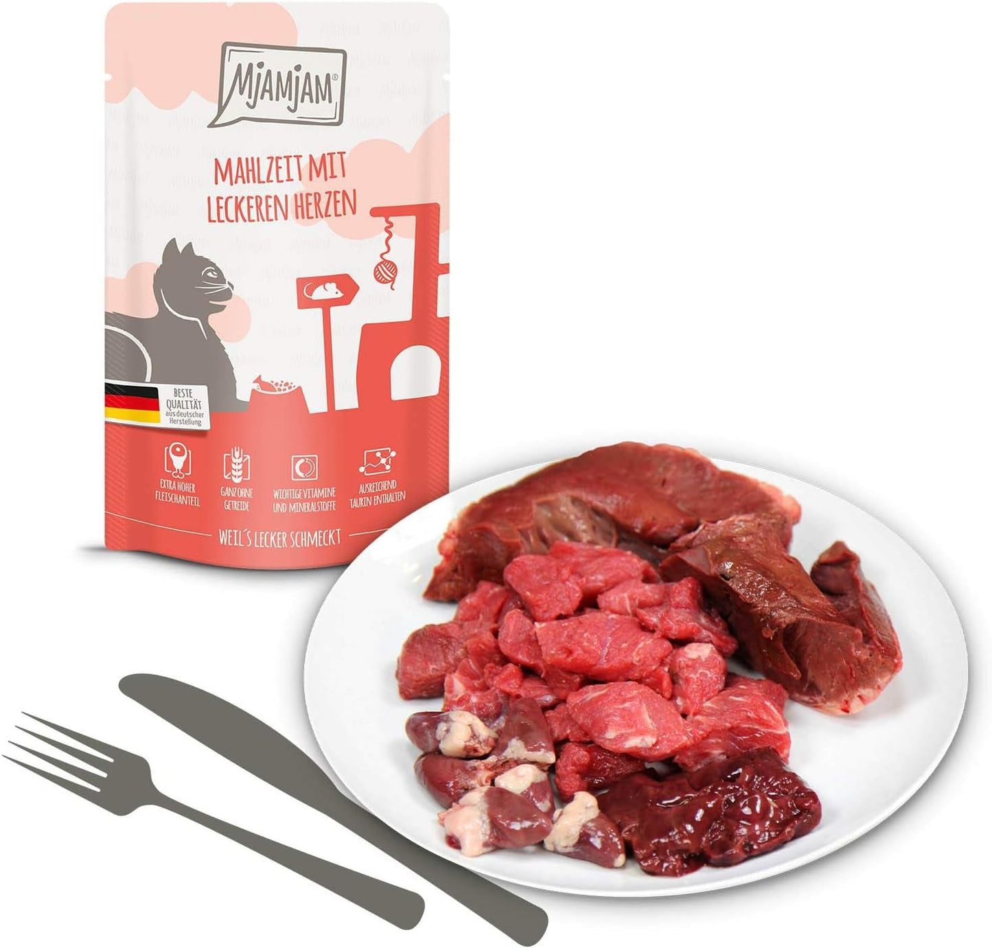 MjAMjAM - Premium våd kattefoder - Blandet pakke I - Kylling, oksekød, hjerter 12 pakke (12 x 125 g), kornfri med ekstra kød