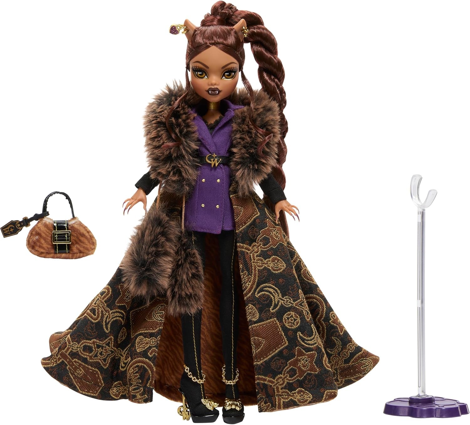 Monster High Doll House of Wolves Clawdeen Wolf samlerfigur med imiteret pels jacquardfrakke Lilla jakkekjole Guldbukser og tilbehør JDR66