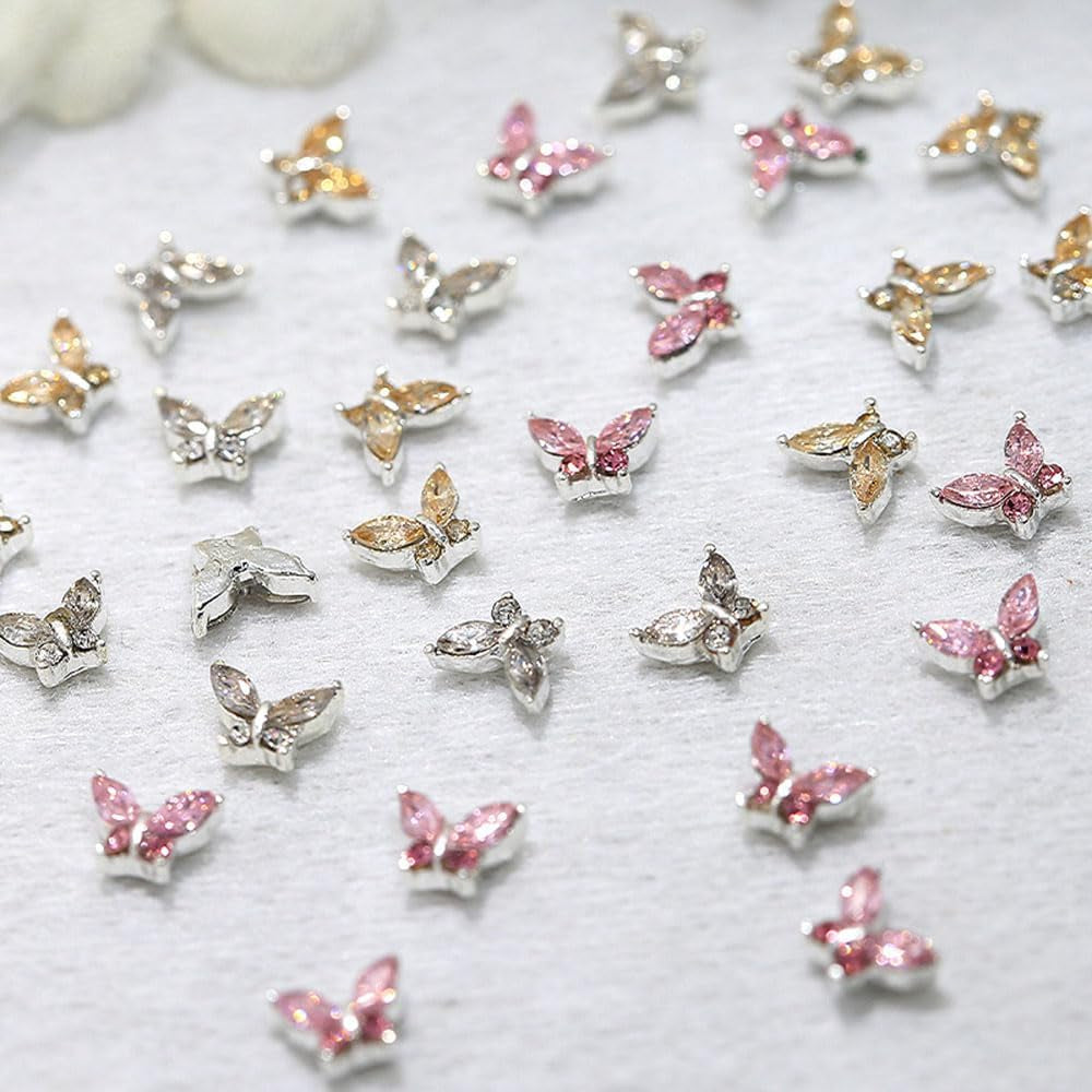 Mini Butterfly Zircon Nail Nøgleringe Y2K Hvid Champagne Pink Rhinestone Krystal Sommerfugl Nøgleringe Negle 3D Butterfly Nail Design Nøgleringe Butterfly Negle Dekoration Nail Art Nøgleringe Negle Accessories