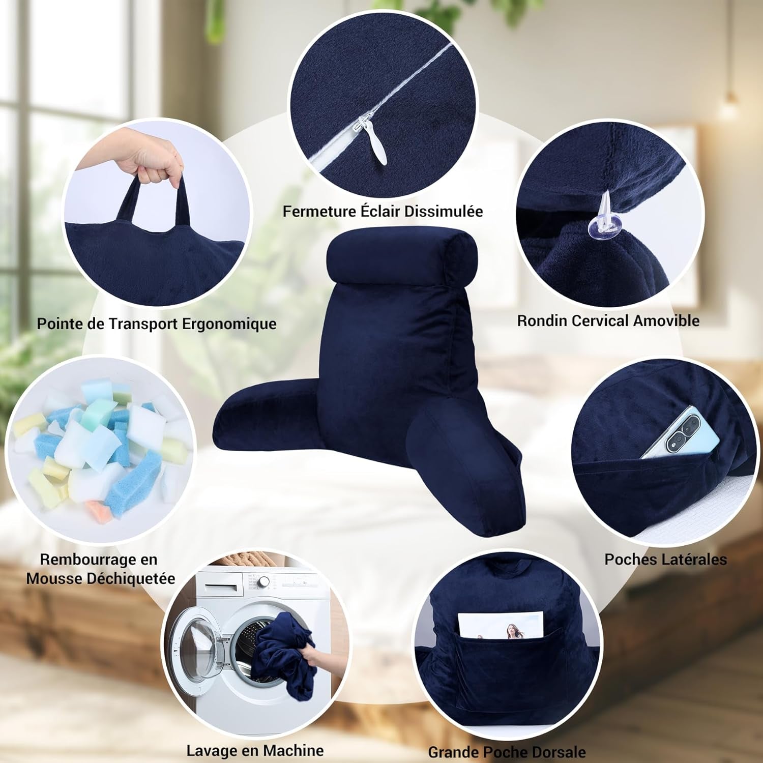 INFANZIA læsepude med armlæn, memoryskum, ergonomisk støtte til sofa og seng, marineblå