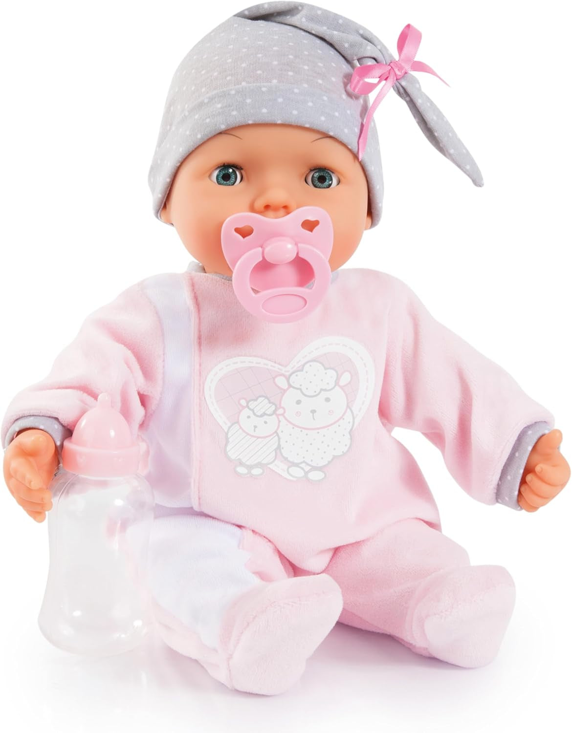 Bayer Design 93829AA My Piccolina interaktiv dukke med funktion, Talende dukke, Bevæger munden, 38 cm, Sut, Sutteflaske, Pink, Grå