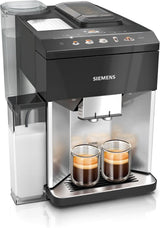 Siemens EQ500 fuldautomatisk espressomaskine TQ513D01, mange kaffespecialiteter, mælkeskummer, integreret mælkebeholder, automatisk damprensning, 1500 W, naturligt lys sølv/klaver sort