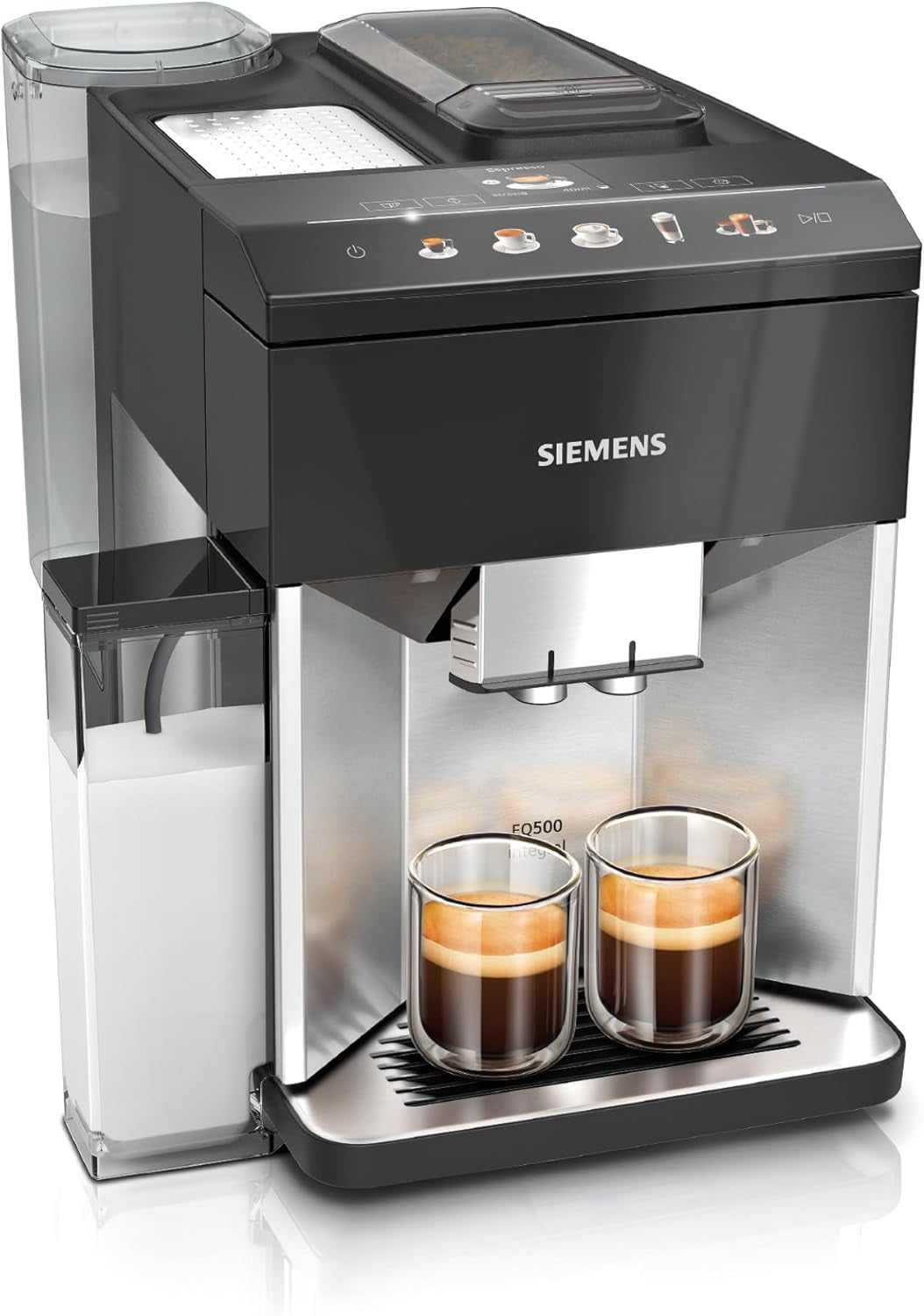 Siemens EQ500 fuldautomatisk espressomaskine TQ513D01, mange kaffespecialiteter, mælkeskummer, integreret mælkebeholder, automatisk damprensning, 1500 W, naturligt lys sølv/klaver sort