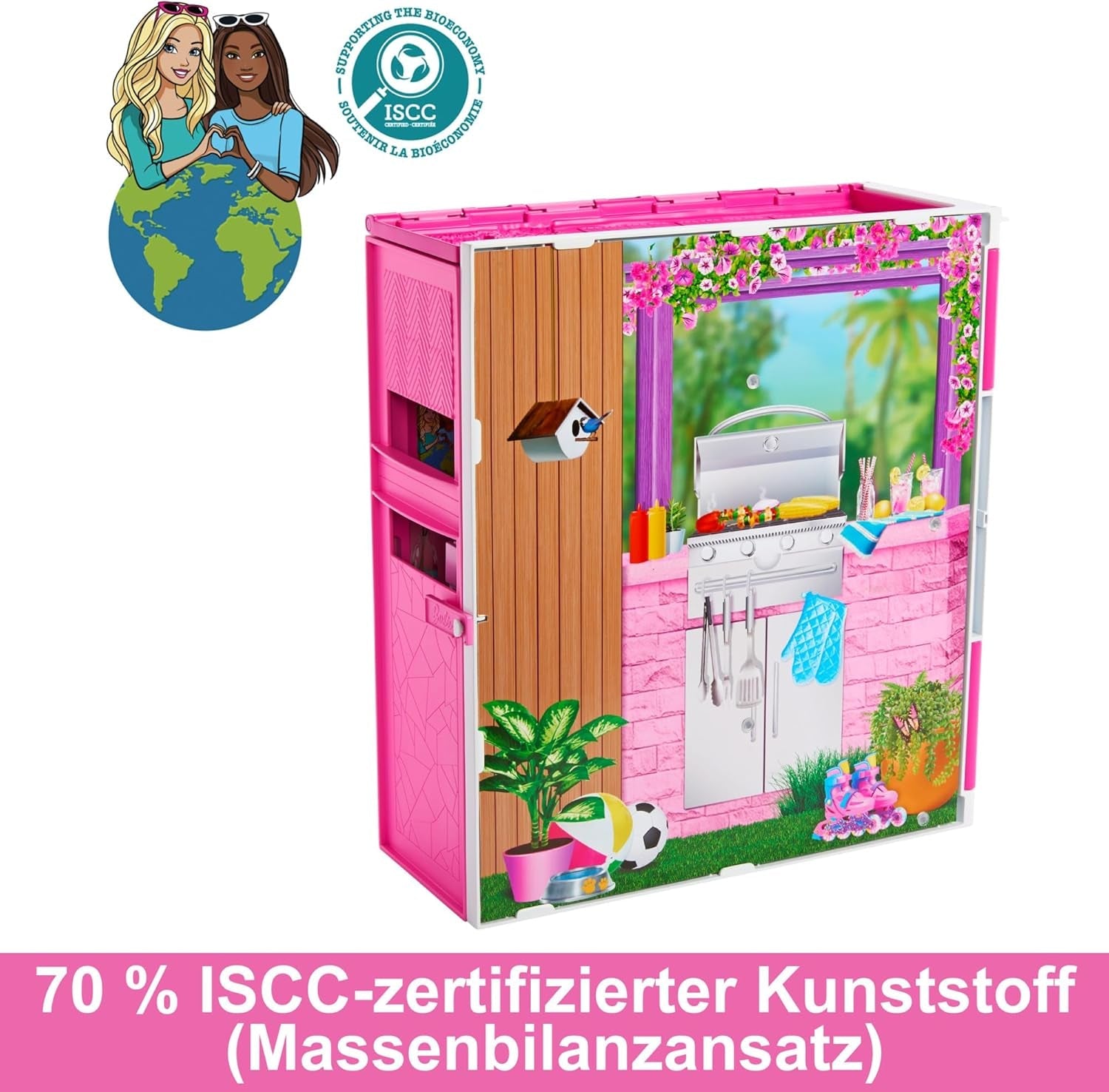 Barbie-Puppenhaus Spielset, Ferienhaus mit 4 Spielbereichen, darunter Küche, Badezimmer, Schlafzimmer und Lounge, 11 Deko-Zubehörteile, HRJ76