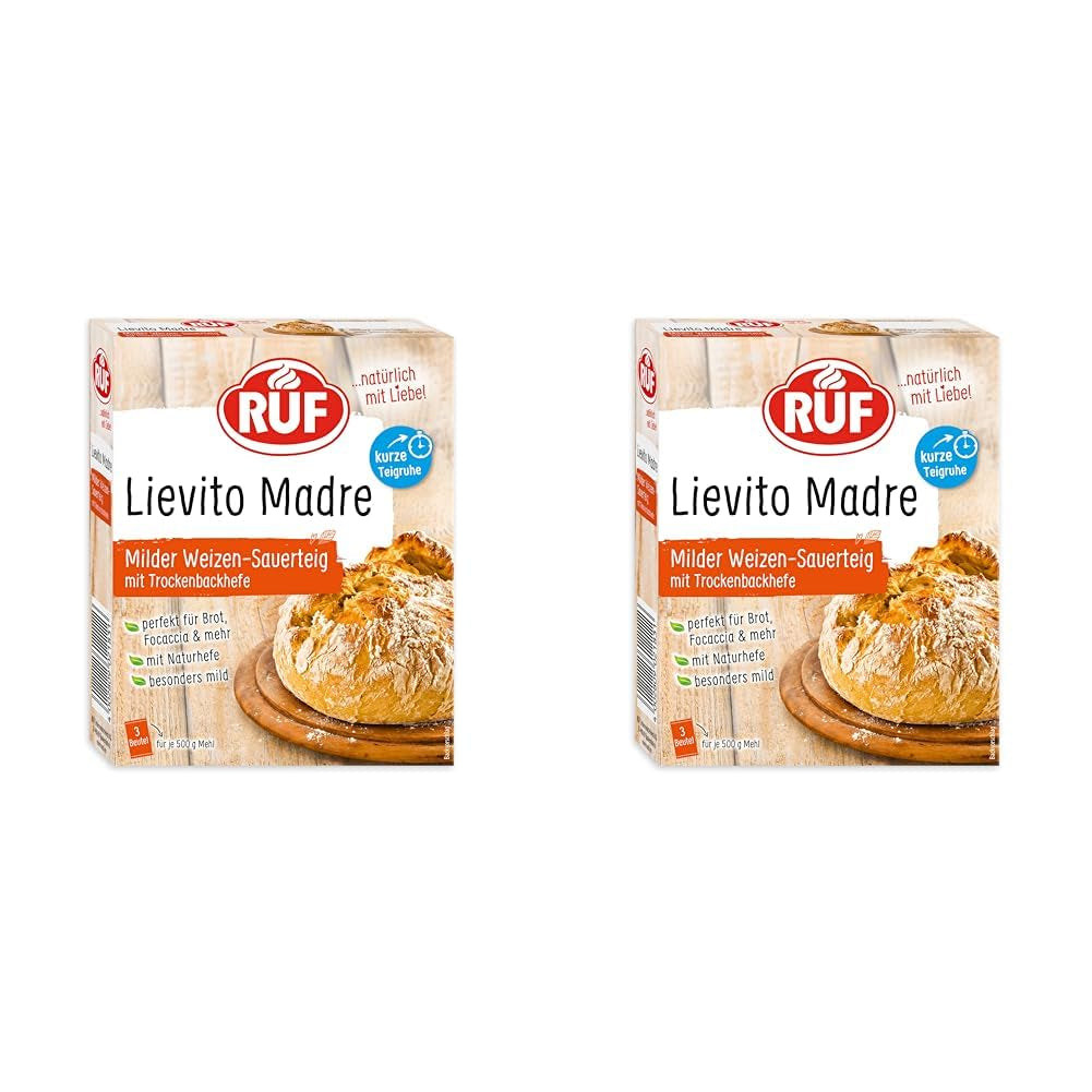 RUF Lievito Madre Sauerteig, Milder Weizen-Sauerteig, Mutterteig, Kurze Teigruhe Durch Enthaltene Trockenhefe, Lievito Madre Getrocknet Für Brot, Baguette, Focaccia, 3X35G Blanding til bagning og madlavning Naty Shop 35 G (6Er Pack) Kurze Teigruhe