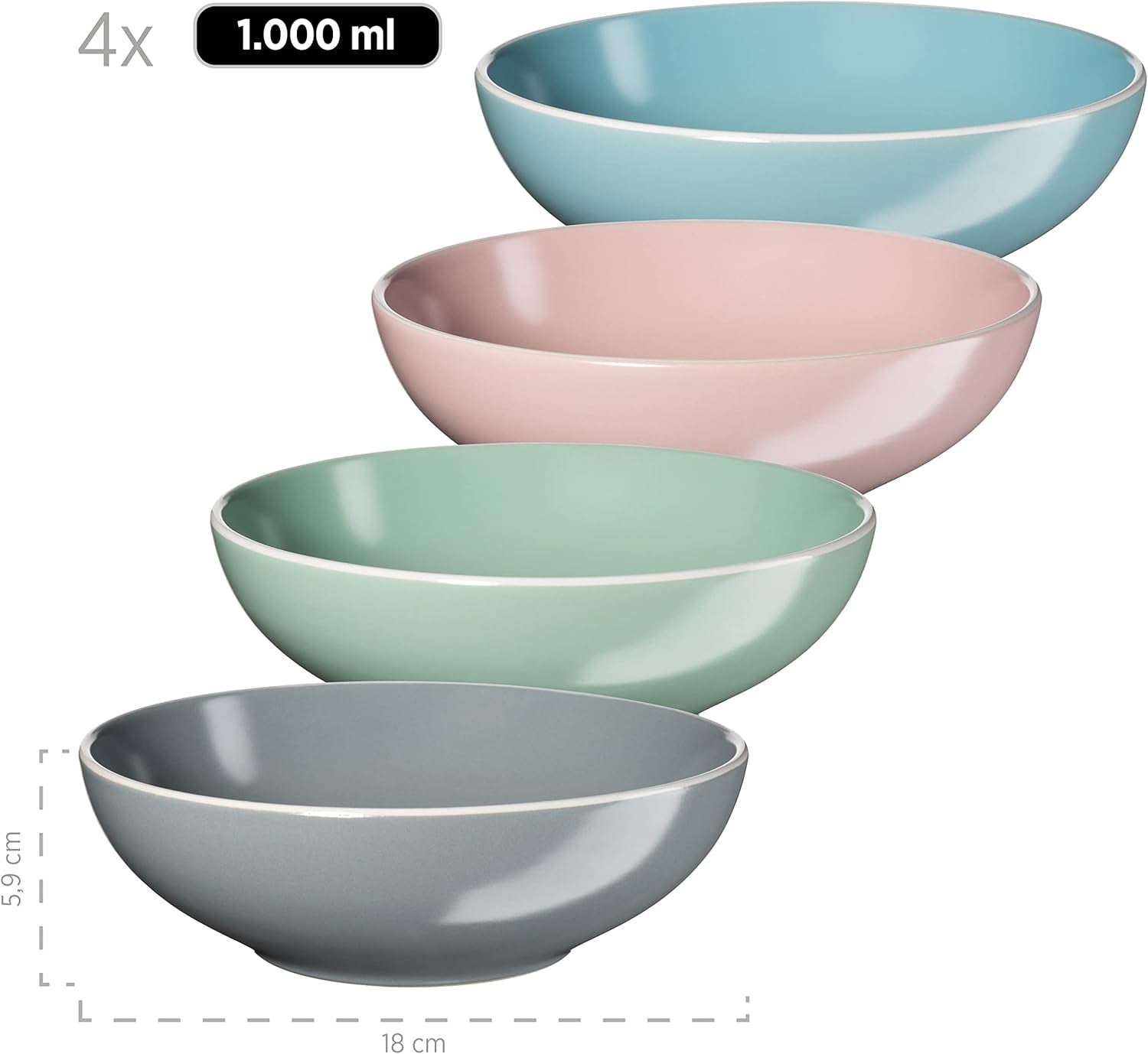 MÄSER 934006 Elissa-serien, moderne servicesæt til 4 i farvede matte glasurer med hvid kant, 16-delt kombinationssæt, stentøj, flerfarvet, grå, turkis, pink, grøn