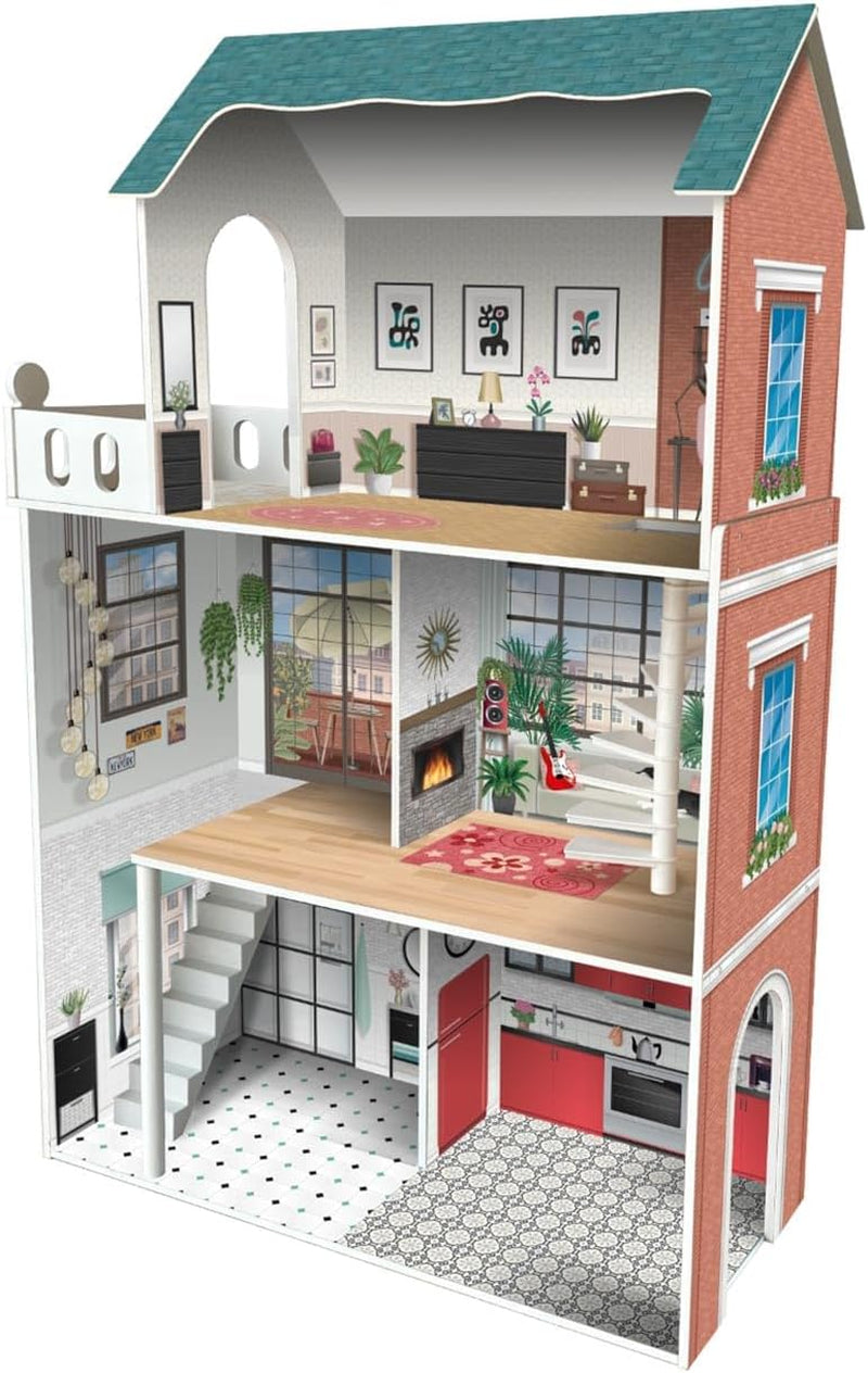 Soho-Madera design 3-etagers dukkehus med 8 møbler, mål 120 x 33 x 75 cm (913D00181)