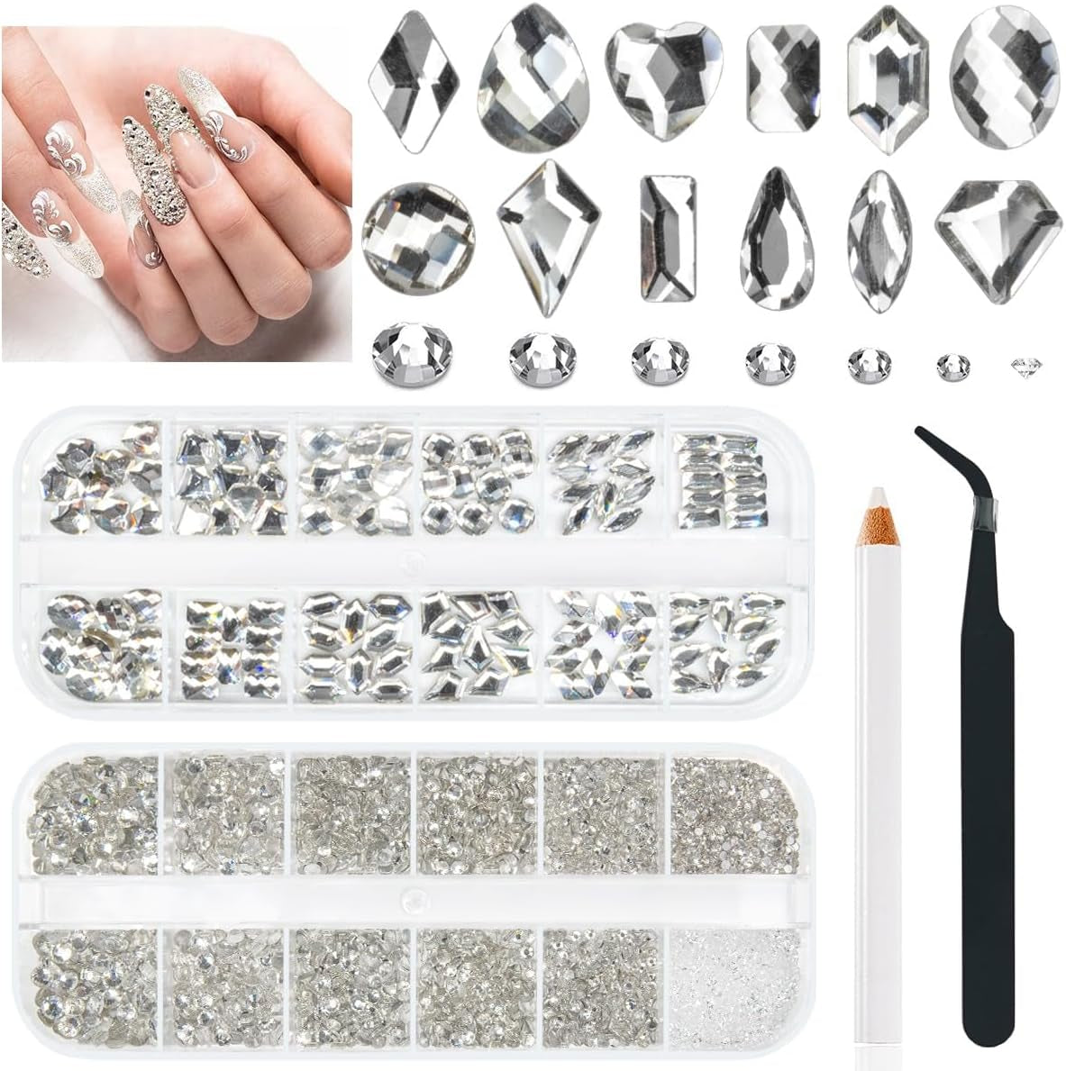2630 stk AB krystal mousserende sten til negle, 120 12 typer store mousserende sten + 2510 6 størrelser runde K9 glassten til negle, rhinsten, negledesign, negle charms til ansigtskunst