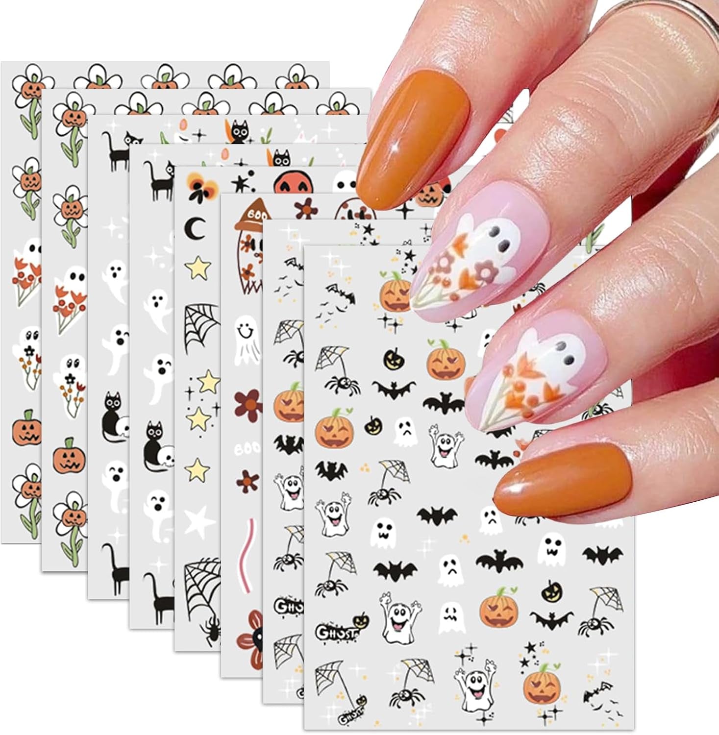 Nagelsticker Halloween, 8 Blätter Halloween Nagelsticker, Kürbis Nail Sticker, Nail Art, Nagel Charms, Nagel Zubehör, Nageldesign, Jul (Typ A)