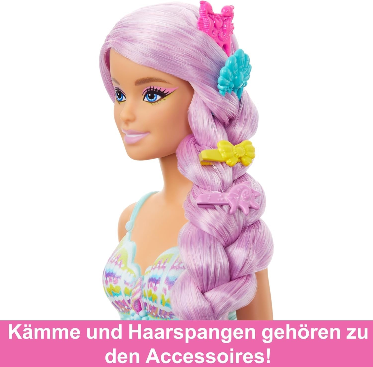 Barbie Havfruedukke - med langt lyserødt hår og individuelt stylingtilbehør, inklusive børste, smuk kammuslingspids og lyserød halefinne, til alderen 3 og opefter, HRR00