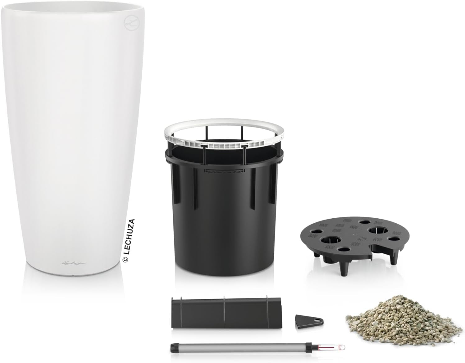 Plantekasse LECHUZA Rondo Premium 32 mat hvid | Plantesøjle med vandingssystem, vandstandsindikator og planteindsats | Mat finish | Ø 32,5 x 56,5 cm | 15786