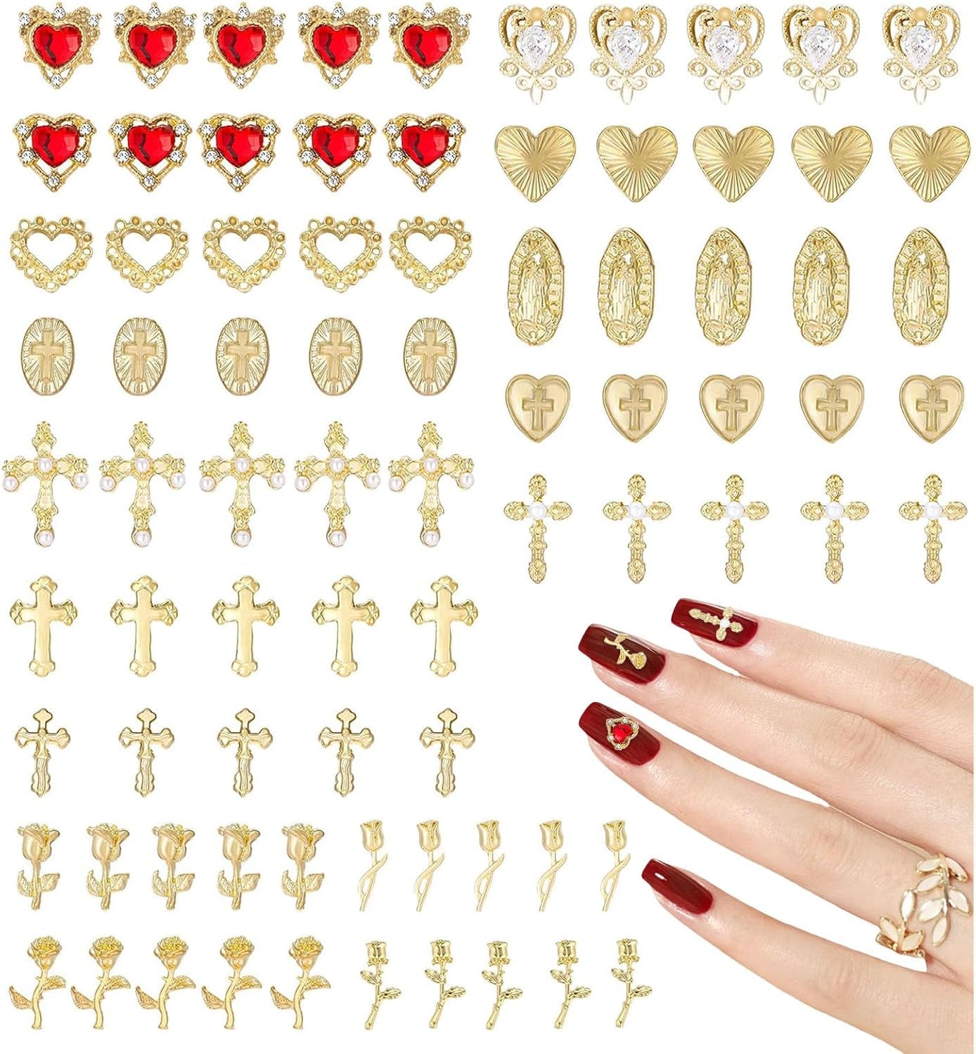 Guld Nail Charms 80 stk Cross Rose Heart Virgin Mary Nail Gems Metallegering Nail Accessories til Manicure Design Dekorationer DIY Crafts