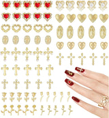 Guld Nail Charms 80 stk Cross Rose Heart Virgin Mary Nail Gems Metallegering Nail Accessories til Manicure Design Dekorationer DIY Crafts