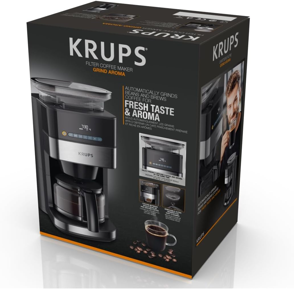 Krups Espressomaskine KM8328 Kværn med kværn | 24 timers timer | Kornbeholder 180 g | Kapacitet 1,25 l til op til 15 kopper kaffe | Autosluk funktion | 3 maleindstillinger | Sort