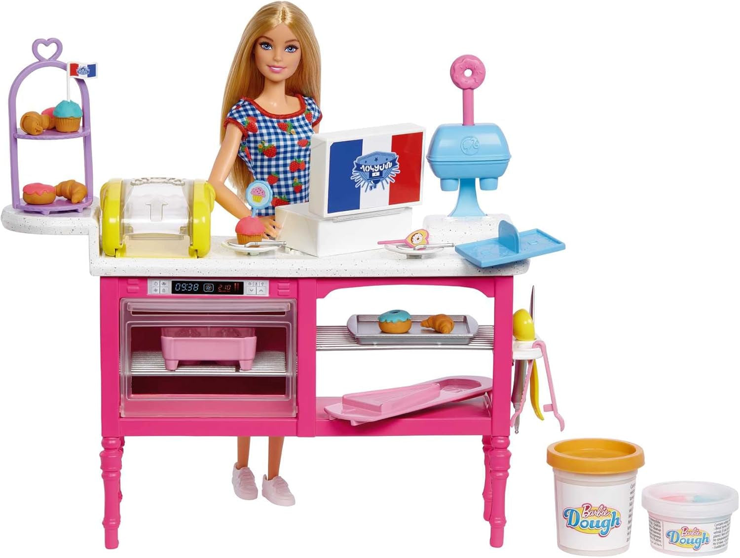 Barbie Malibu Roberts dukke- og bagesæt med 18 dele, inklusive legedej og donut-, croissant- og muffinsforme, til alderen 3 og op, HJY19