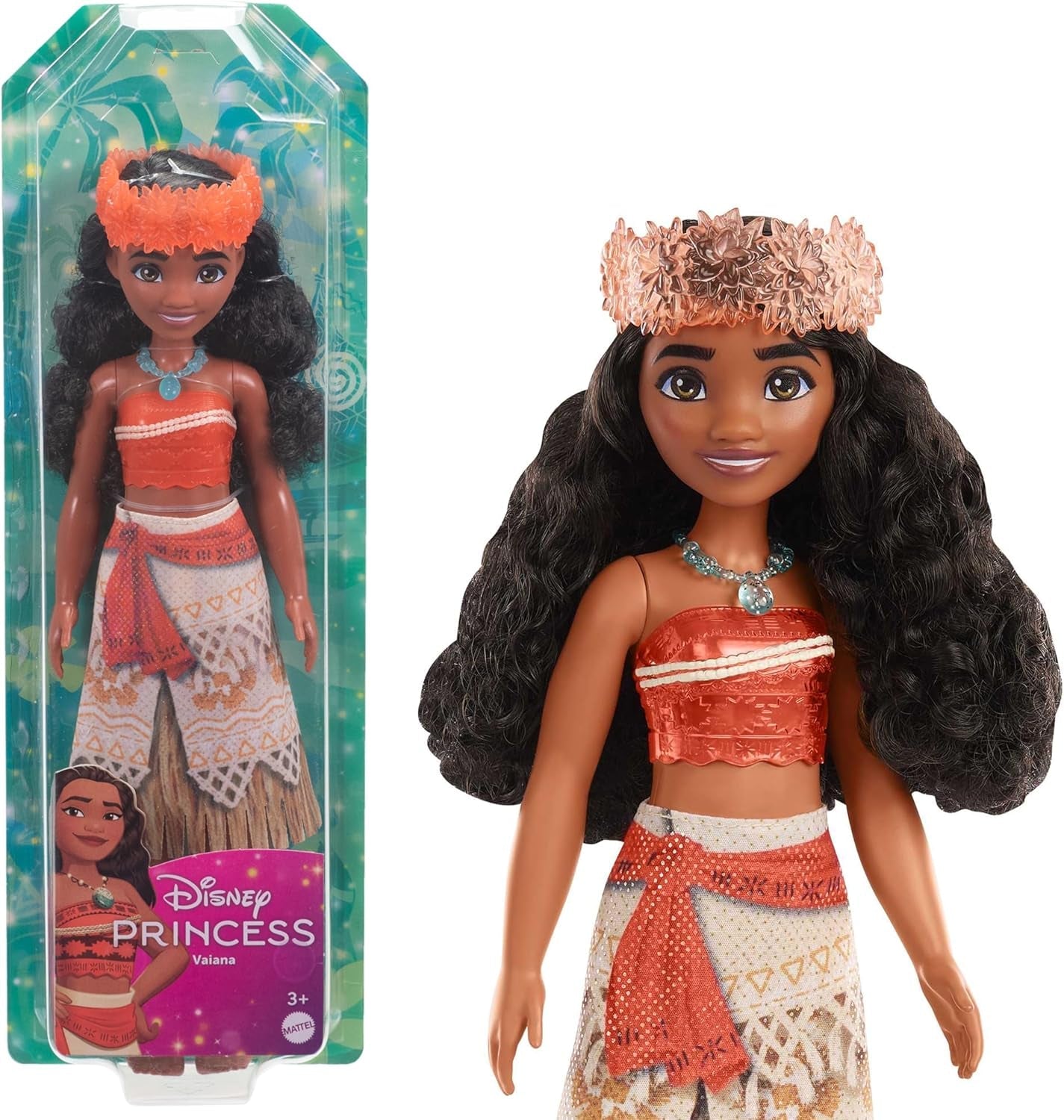 Mattel DISNEY Moana - Artikuleret modedukke med glitteroutfit, aftageligt pandebånd og halskæde, til børn fra 3 år og opefter, HPG68