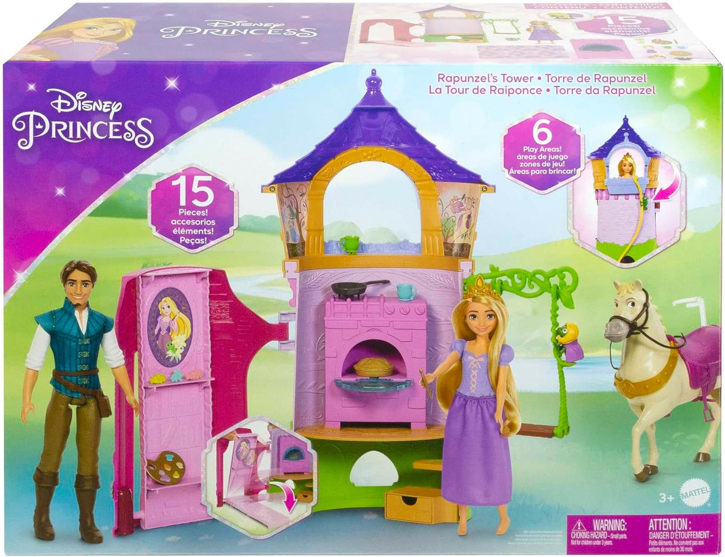Disney Princess HMV99 - Rapunzel bevægeligt dukke- og legetårn med sjov rundt omkring, 6 legeområder og 15 tilbehør, inspireret af Disney-filmen, legetøj til 3-årige dukker Naty Shop-dukker