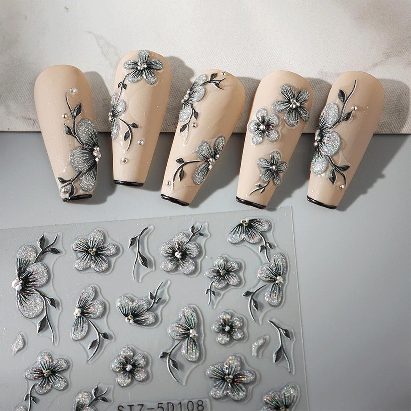 JMEOWIO 6 Blatt 3D Nagelsticker Blumen Nail Art Sticker Selbstklebend Nagelaufkleber 5D Stereoskopisk Frühling Sommer Blumen Dekoration Nageldesign Zubehör