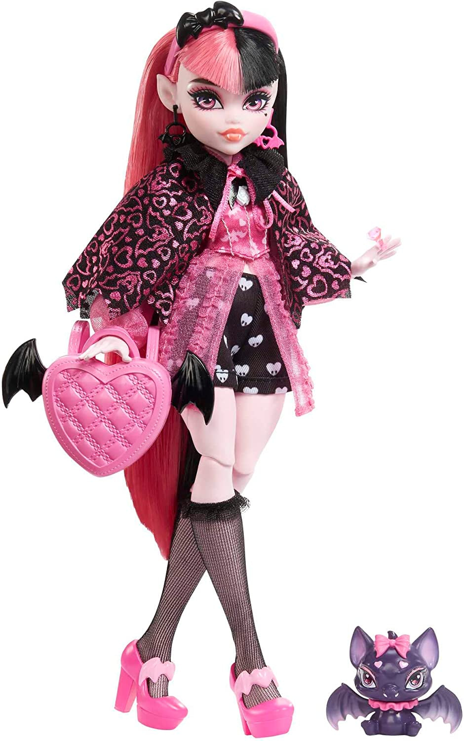 Monster High Draculaura-dukke med sit kæledyr Greve Fantastisk flagermuskat og tilbehør som rygsæk, magibog, bento-boks og mere, HRP64 Naty Shop Dolls Vamp-smagende mode