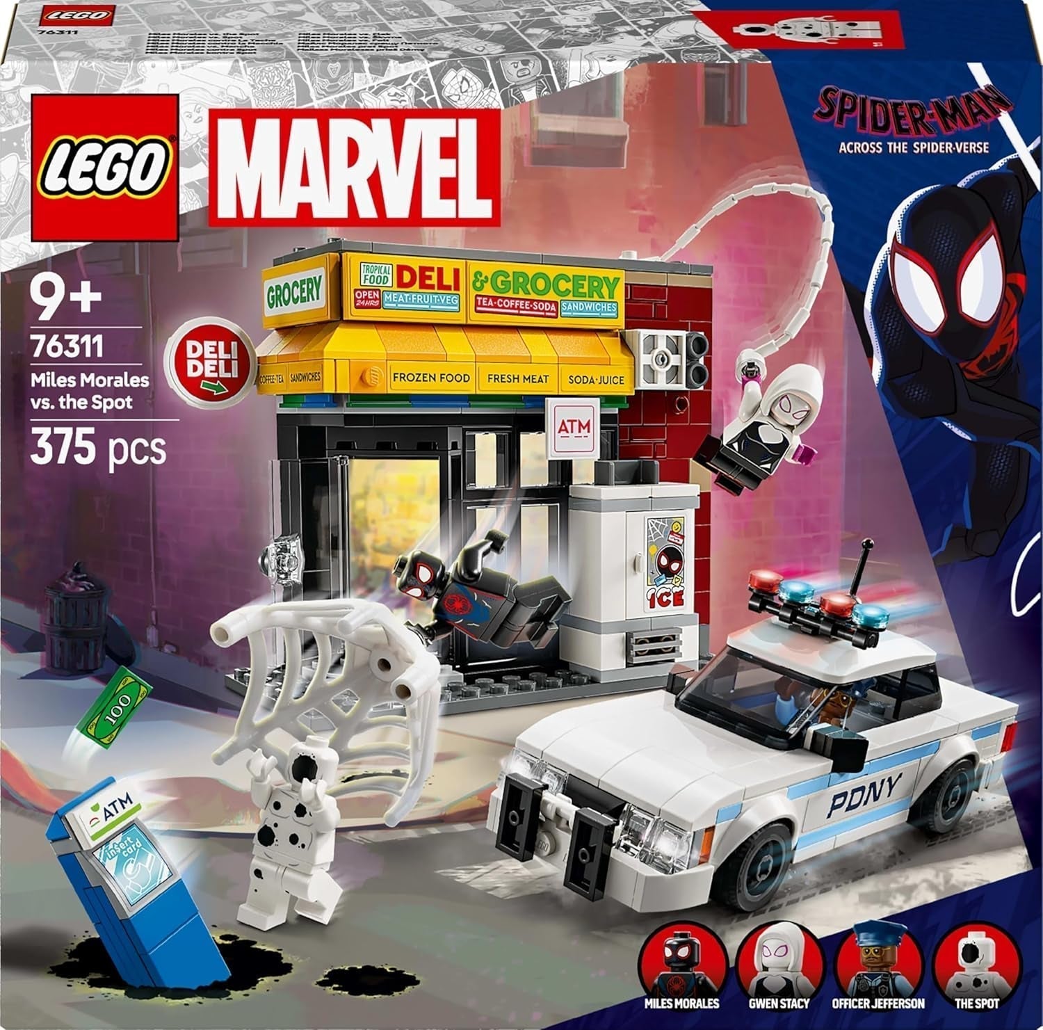 LEGO Marvel Spider-Verse: Miles Morales vs. Spot - Superhelte-legesæt med legetøjsbil - 4 minifigurer og minimarked - Gave til drenge og piger i alderen 9+ 76311 Byggesæt Besuche den LEGO-Store