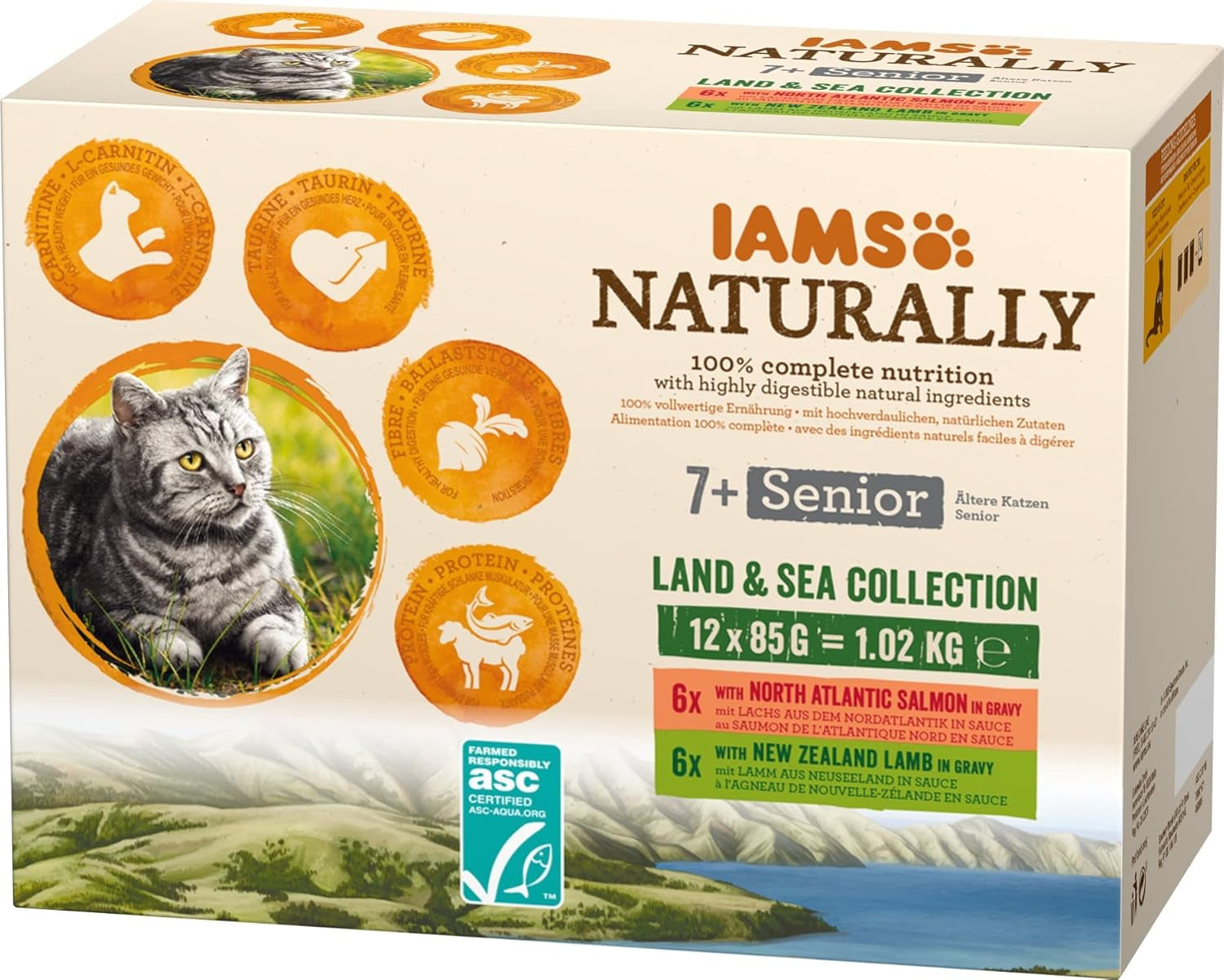 IAMS Naturally Senior Vådfoder i sauce - Højkvalitets kød- og fiskevådfoder til ældre katte, Land & Sea Collection, 12 x 85g