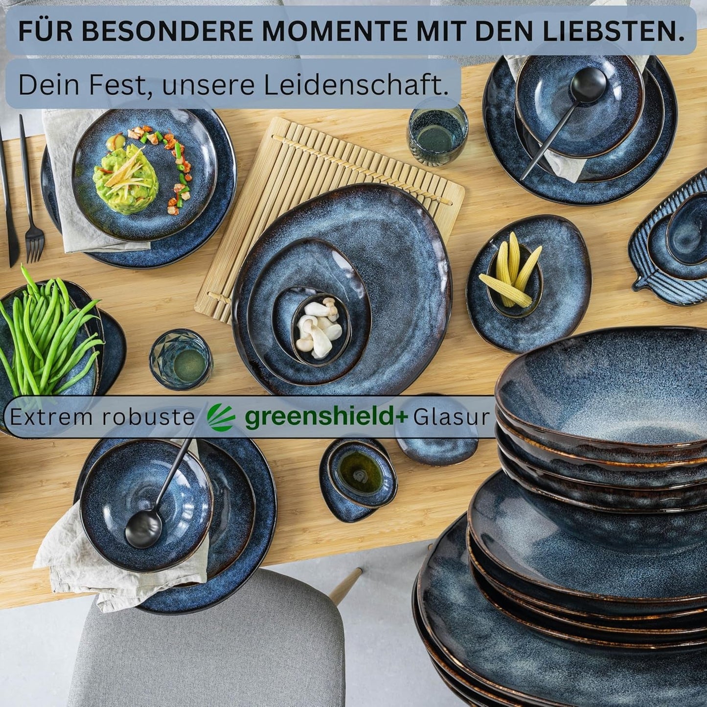 Sänger | Tokyo 36-delt servisesæt 12-personers porcelænsstel Moderne håndlavet mørkeblåt porcelæn med sorte accenter | PREMIUM KOLLEKTIONEN
